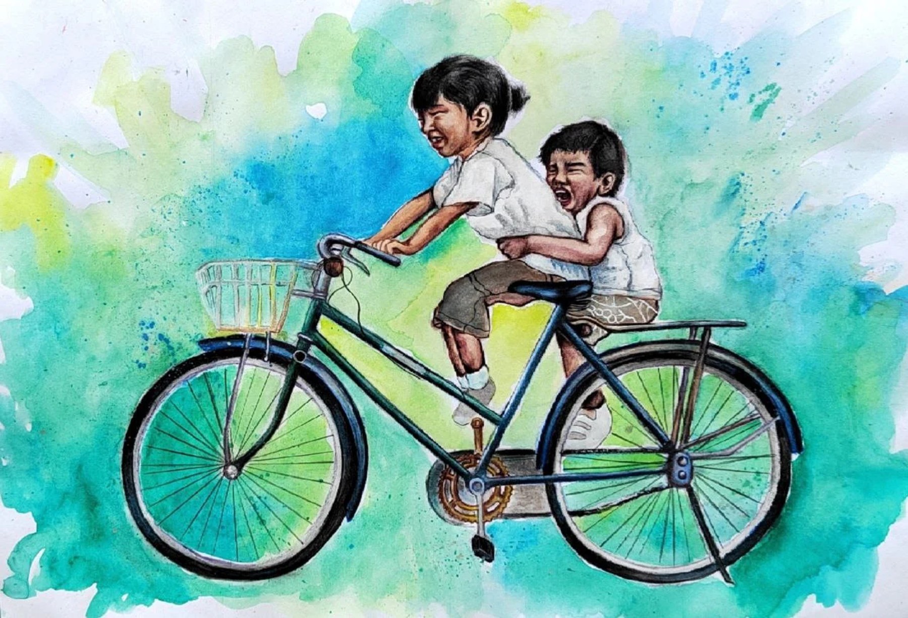 Two children sharing a bicycle against a loose blue-green watercolour wash