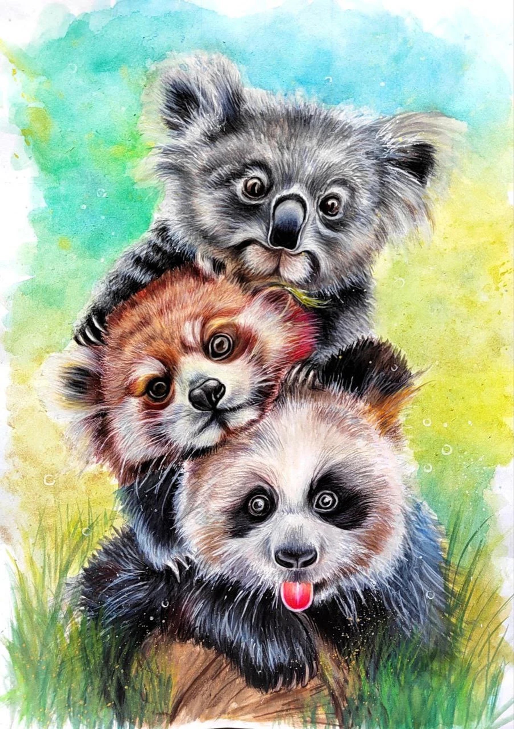 Three fluffy cats stacked playfully against a yellow and green wash