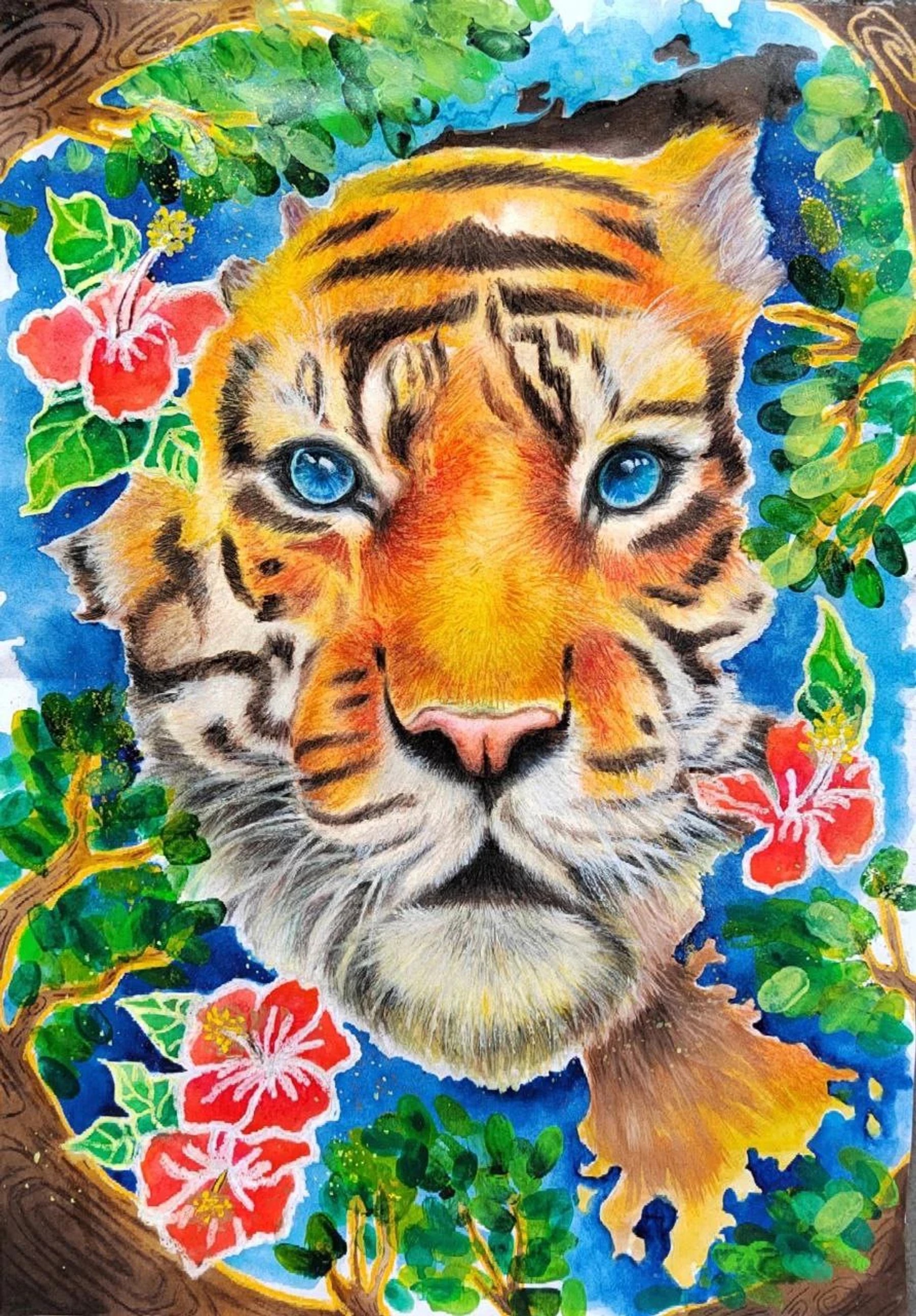 Malayan tiger portrait with hibiscus flowers