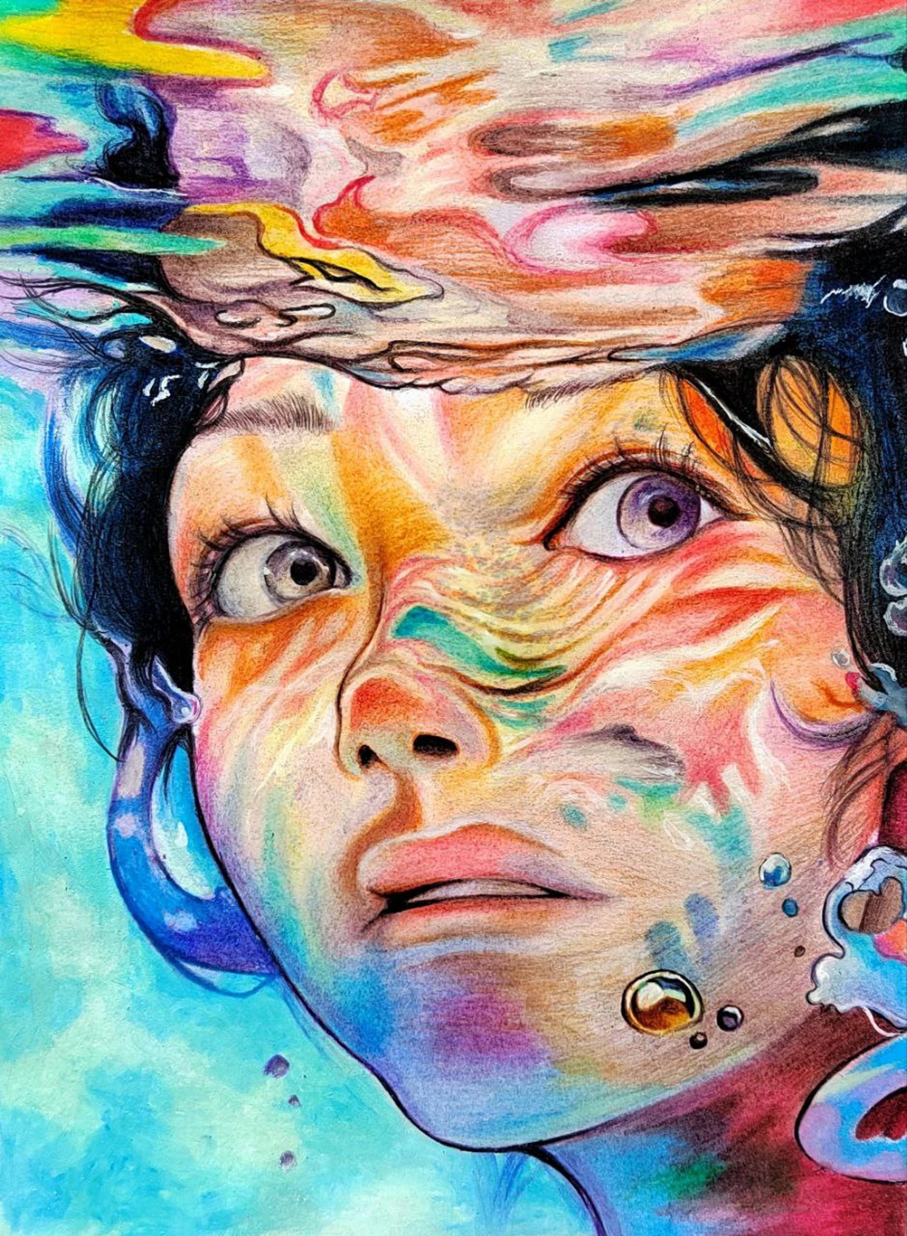 A face looking upward through rippling multicoloured water