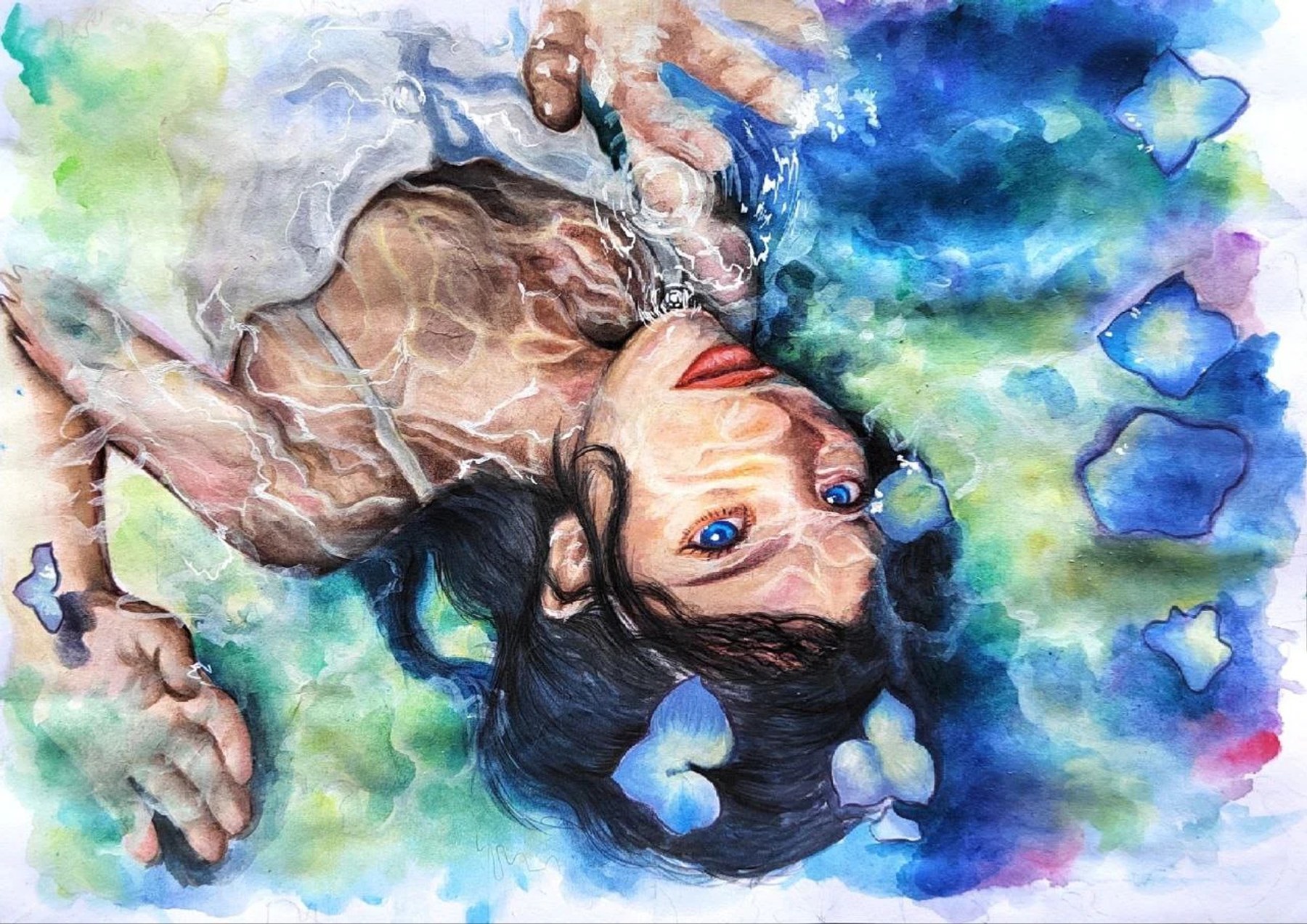 A reclining figure surrounded by translucent blue forms and butterflies