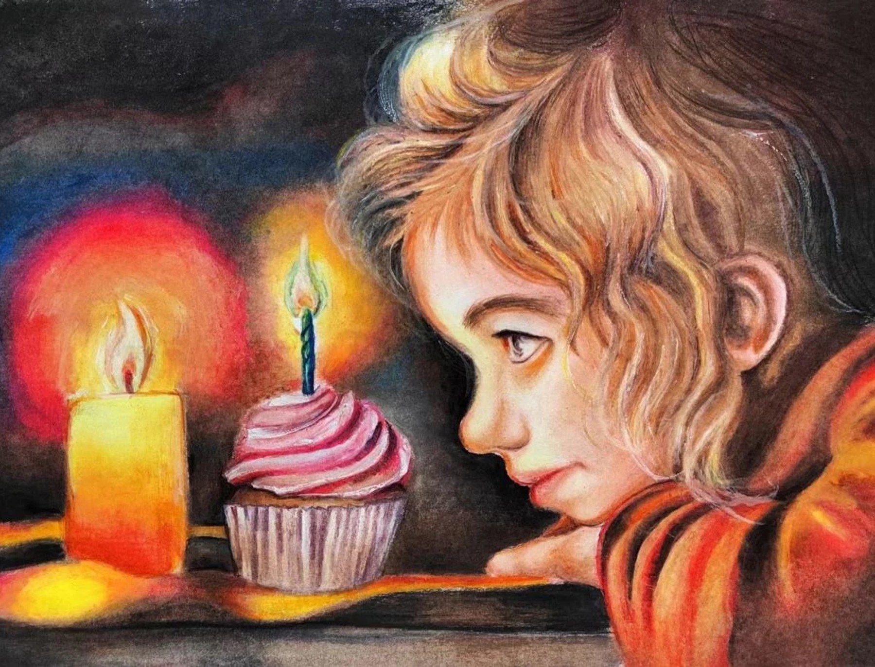 A child gazing at a candle and cupcake in a softly glowing scene