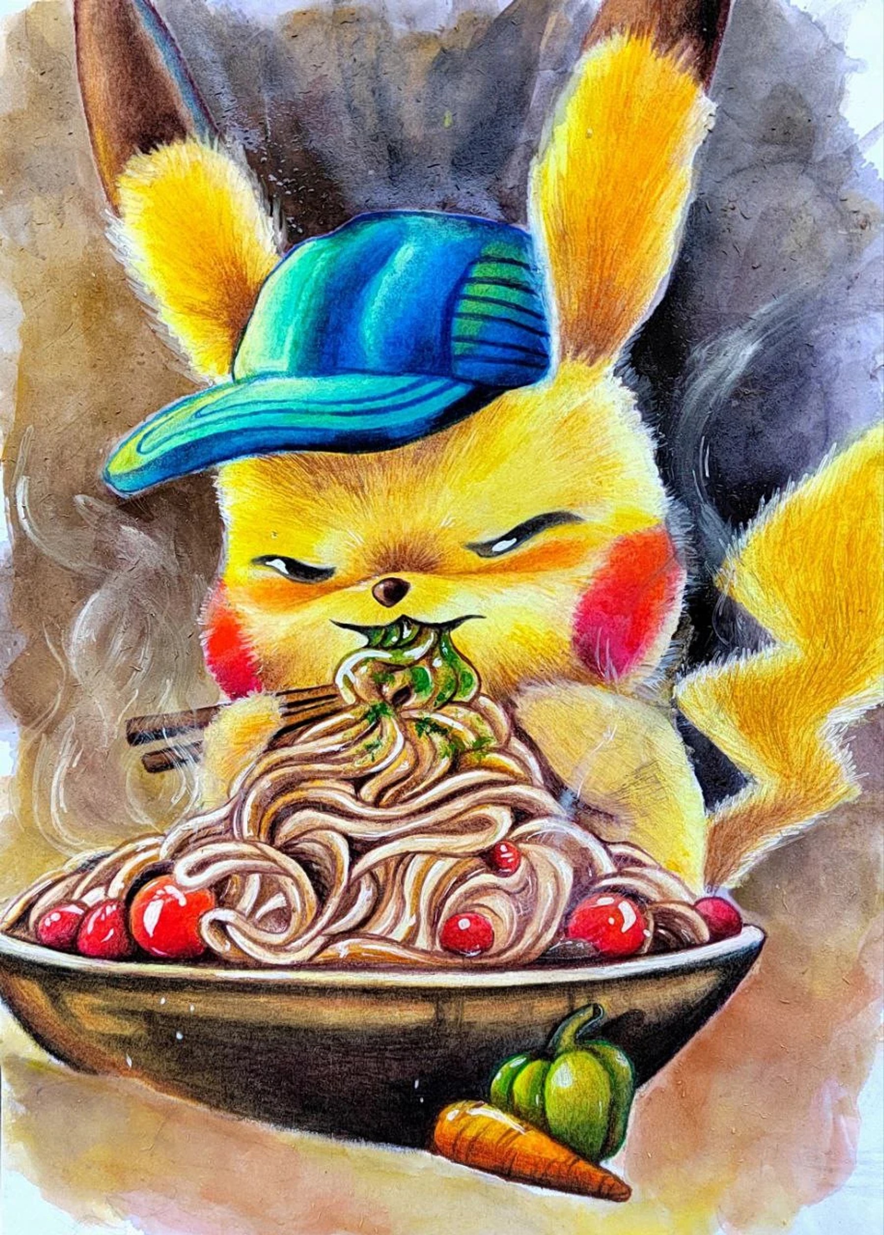 A playful yellow character in a blue cap guarding a bowl of noodles