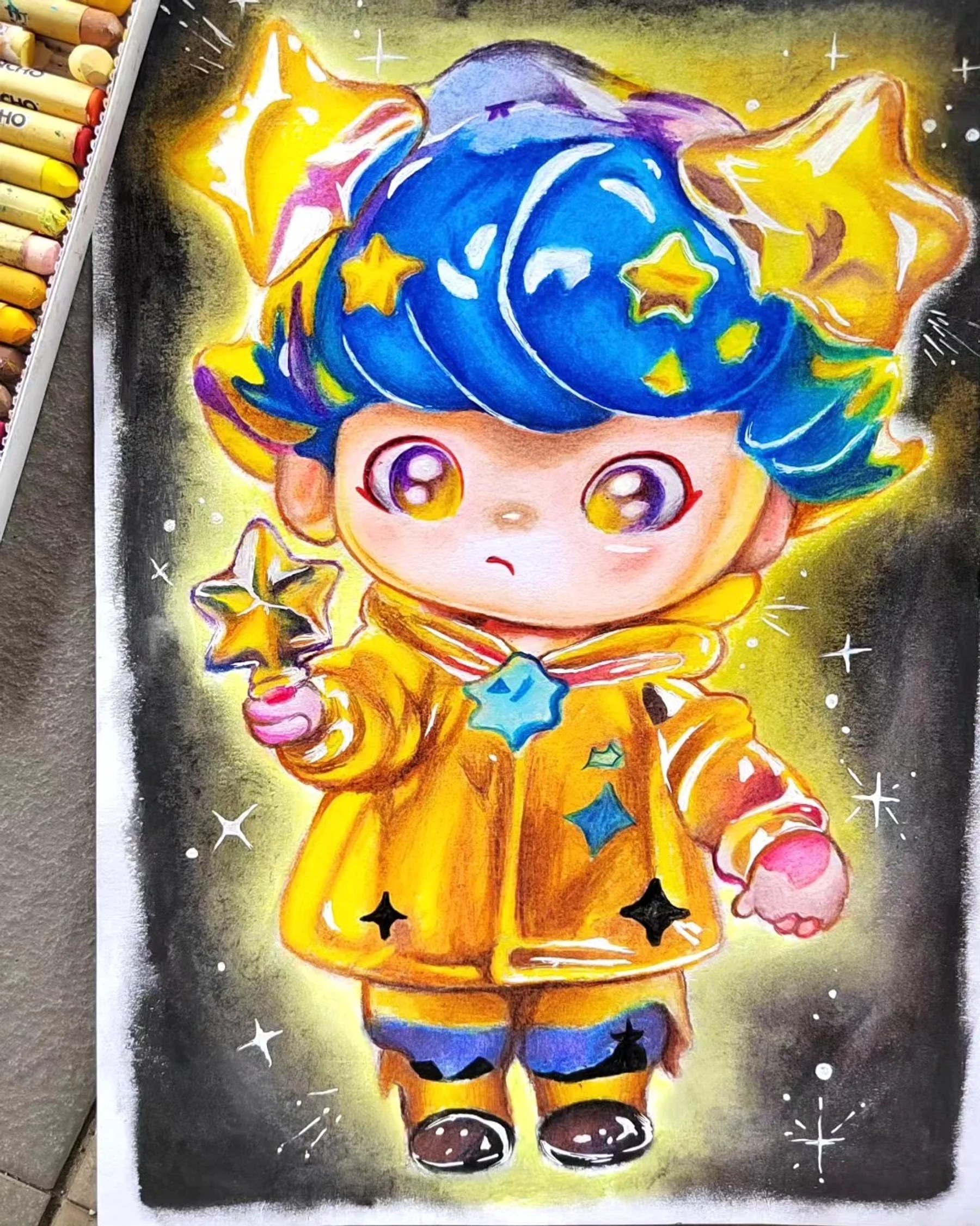 A small blue-haired character in a golden zodiac costume