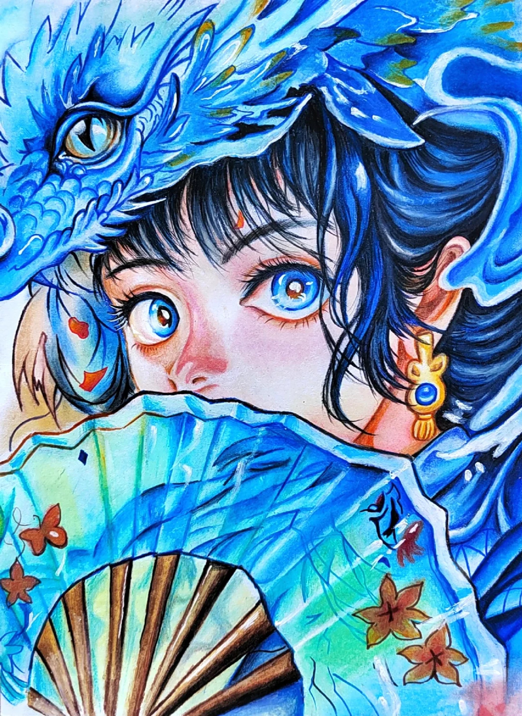A blue-haired dancer holding a fan beneath a sweeping blue dragon