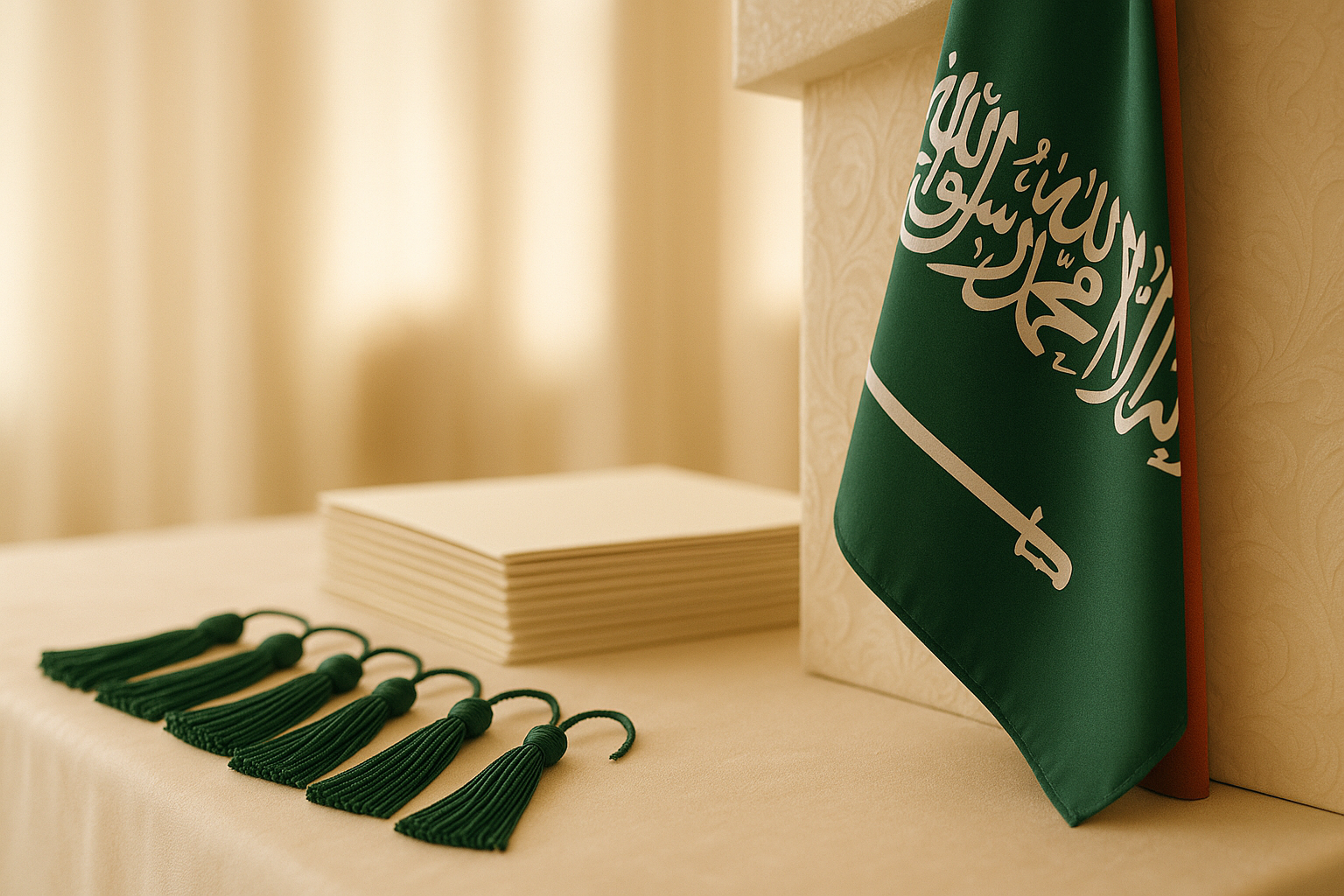 Close-up of graduation stage details showing cap tassels, program booklets and a Saudi flag on the podium