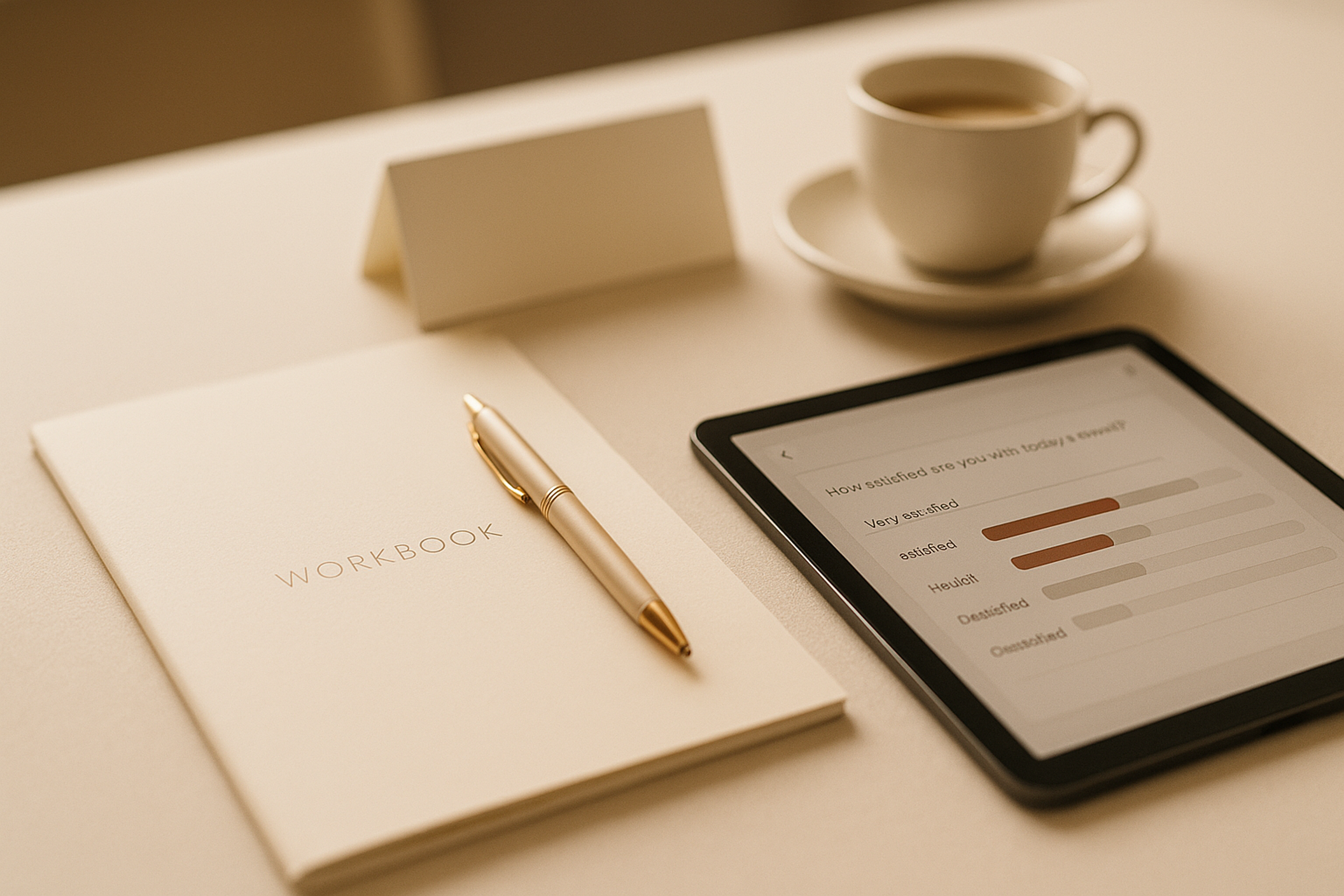 Close-up of a workshop table with printed workbook, branded pen, tablet showing live poll, name tent and coffee cup — no people