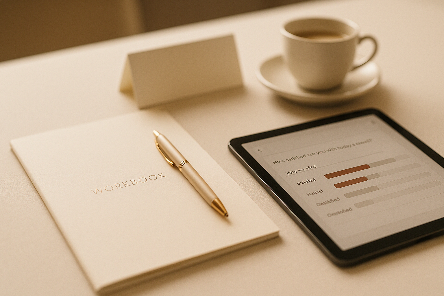 Close-up of a workshop table with printed workbook, branded pen, tablet showing live poll, name tent and coffee cup — no people