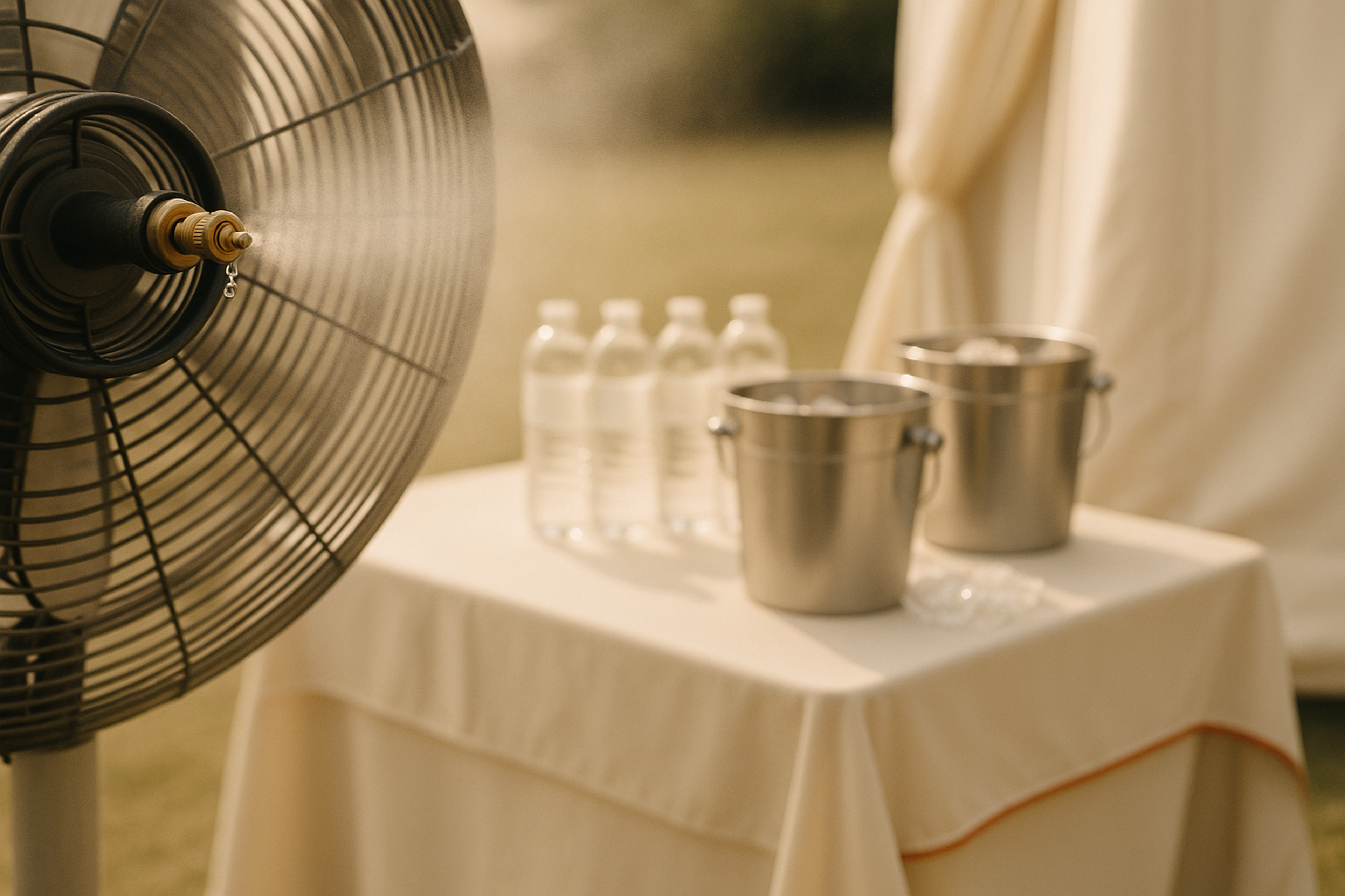 Close-up of outdoor event cooling equipment: misting fan nozzle and chilled hydration station