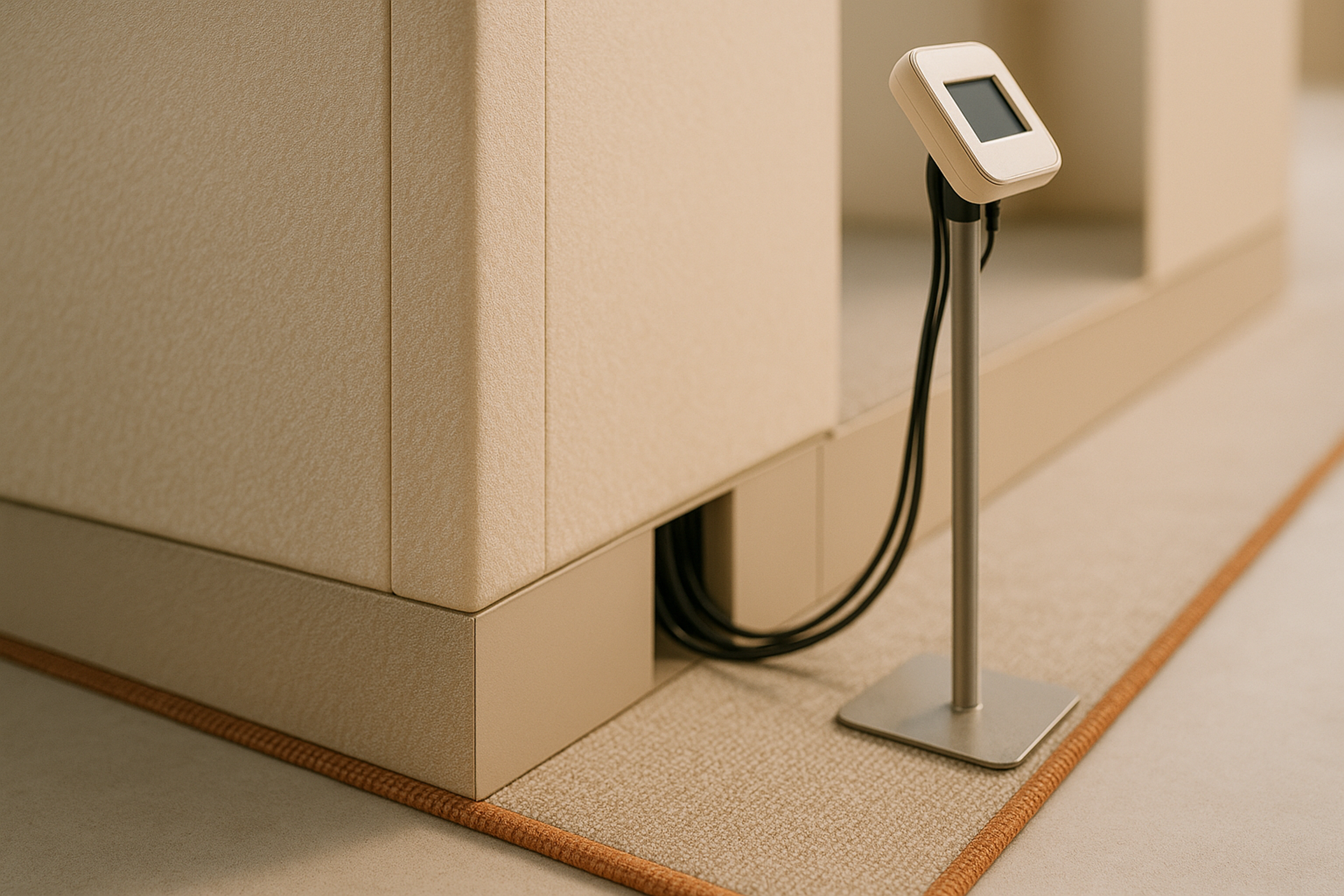 Close-up of a finished exhibition booth showing signage, carpet edge, AV cable routing and badge scanner (no people)