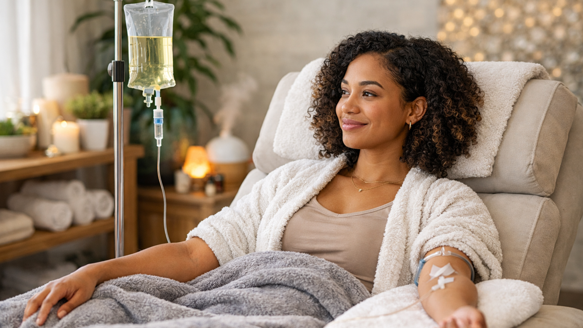 Patient receiving IV therapy in a comfortable, spa-like setting