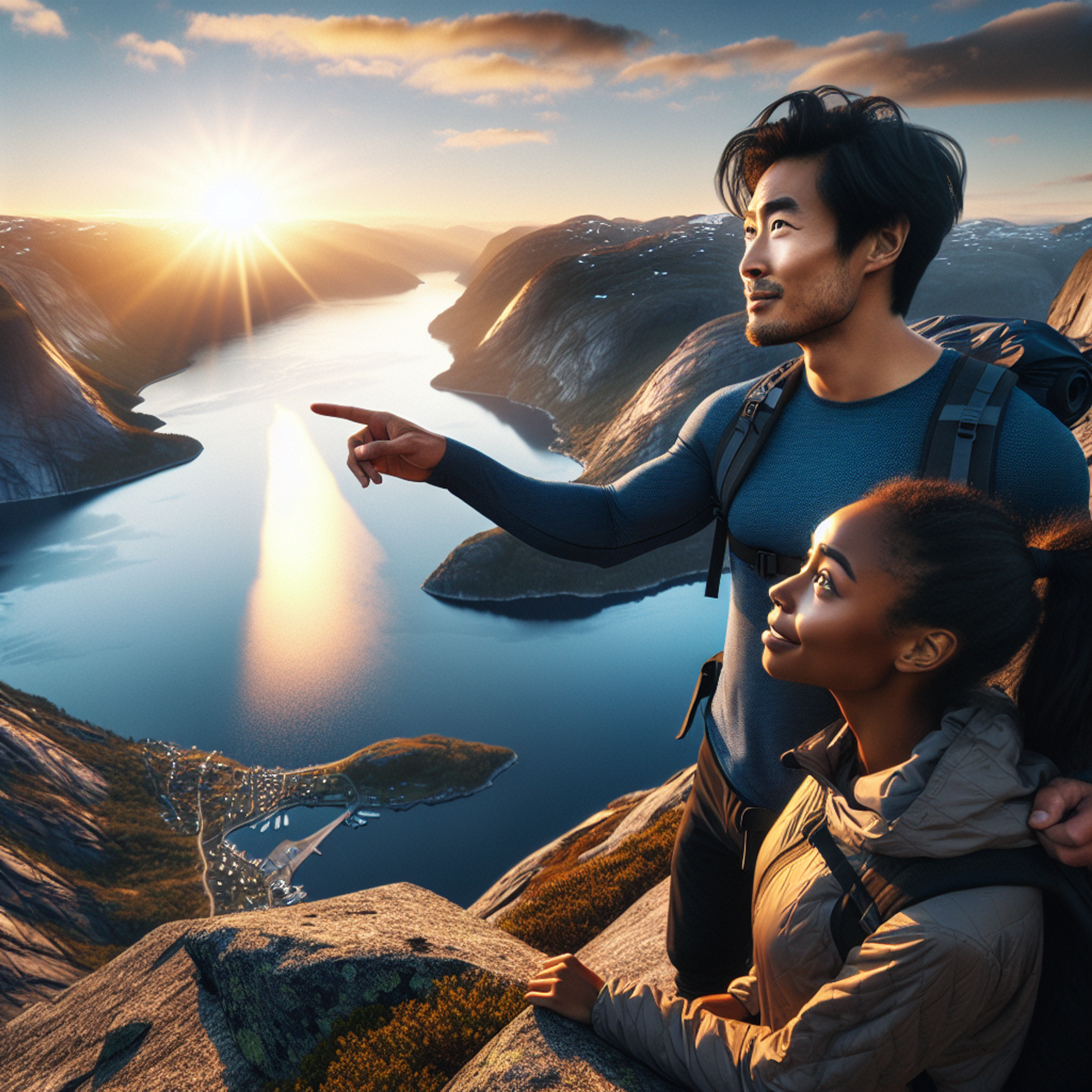 a man and a woman standing on top of a mountain looking at the sunset