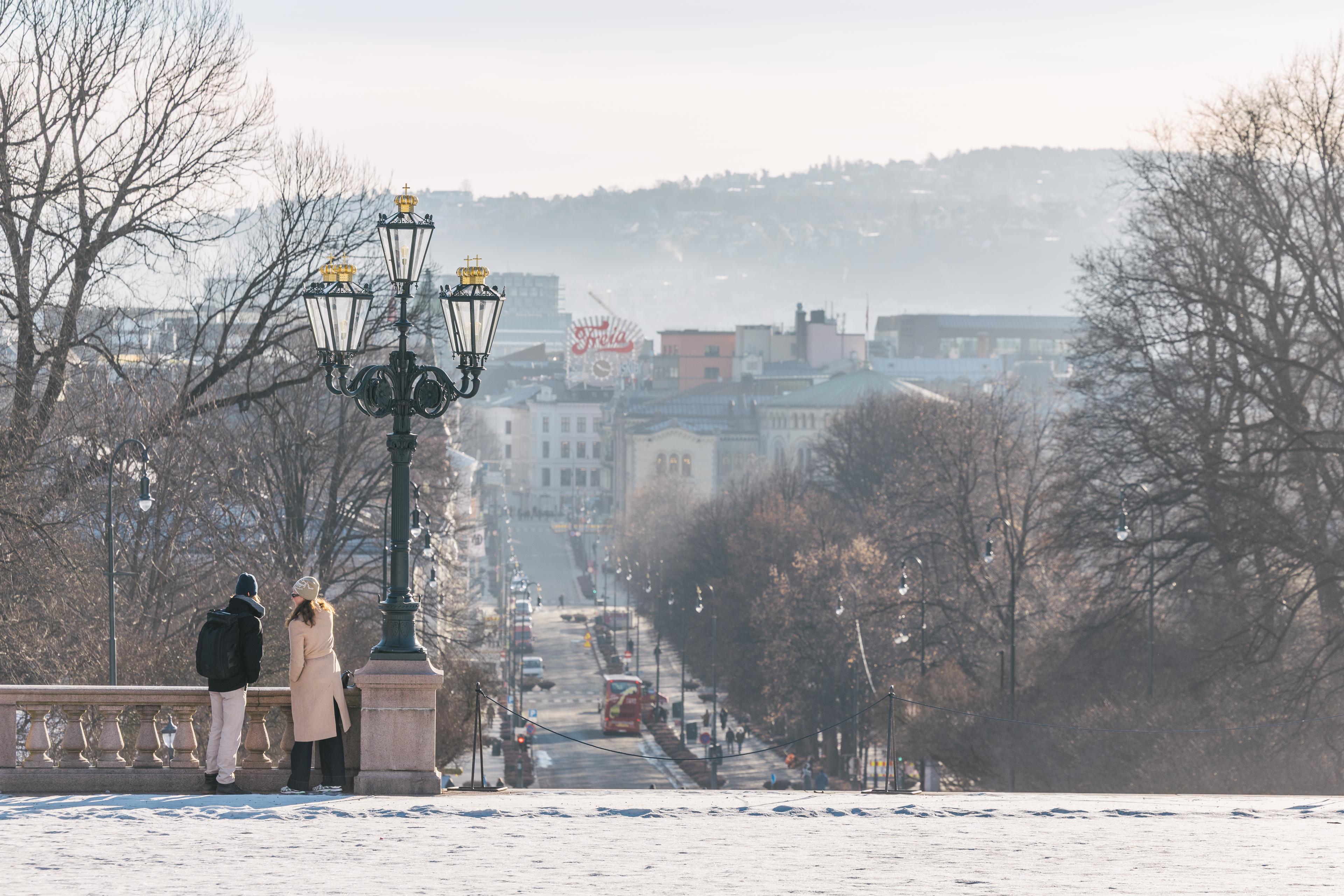 Two people stand by a fence looking out over Oslo and down Karl Johan on a cold, fine winter day.