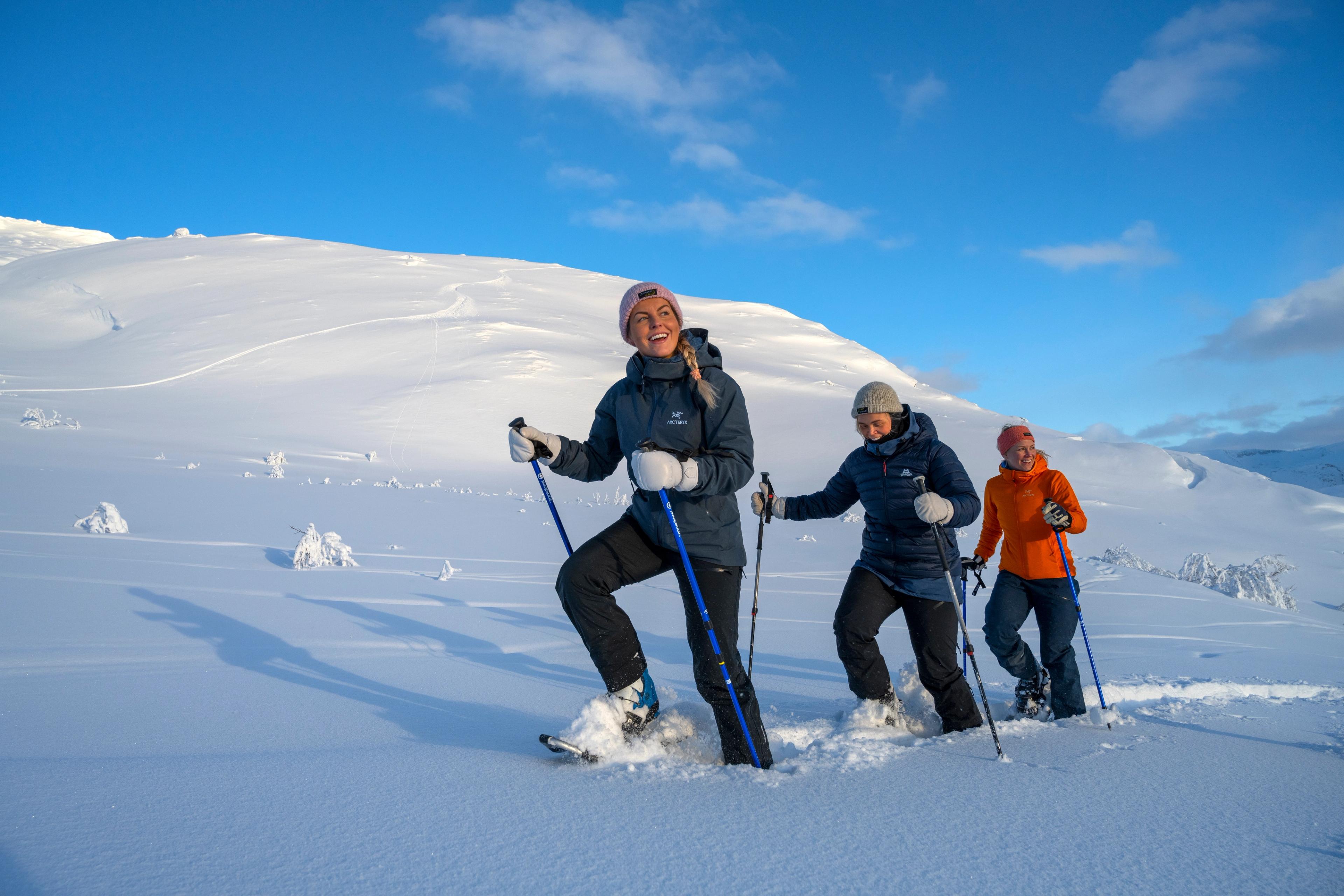 Three people snowshoeing up a snowy mountainside beneath a blue sky.