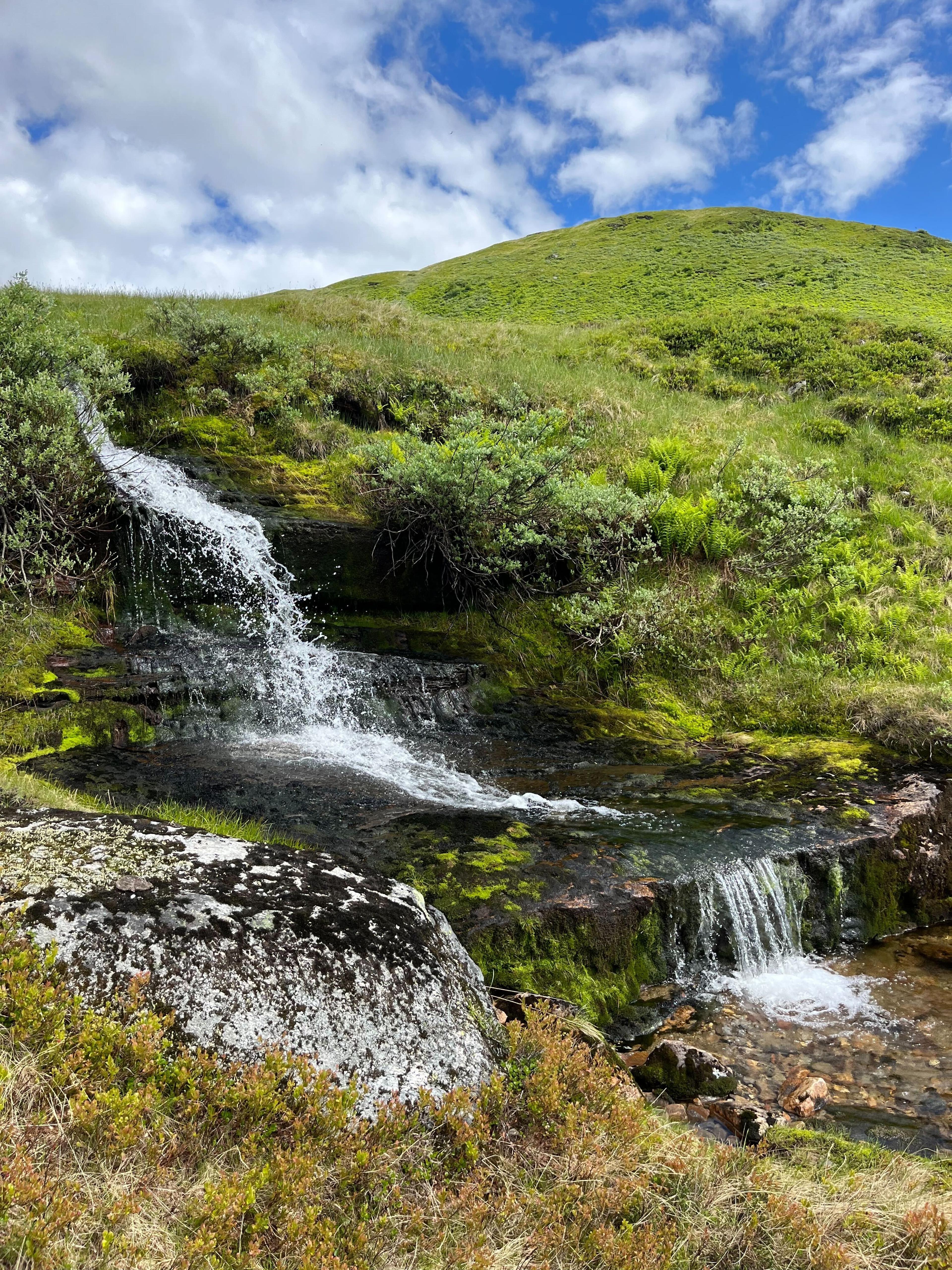 A stream creates small waterfalls on the mountain.