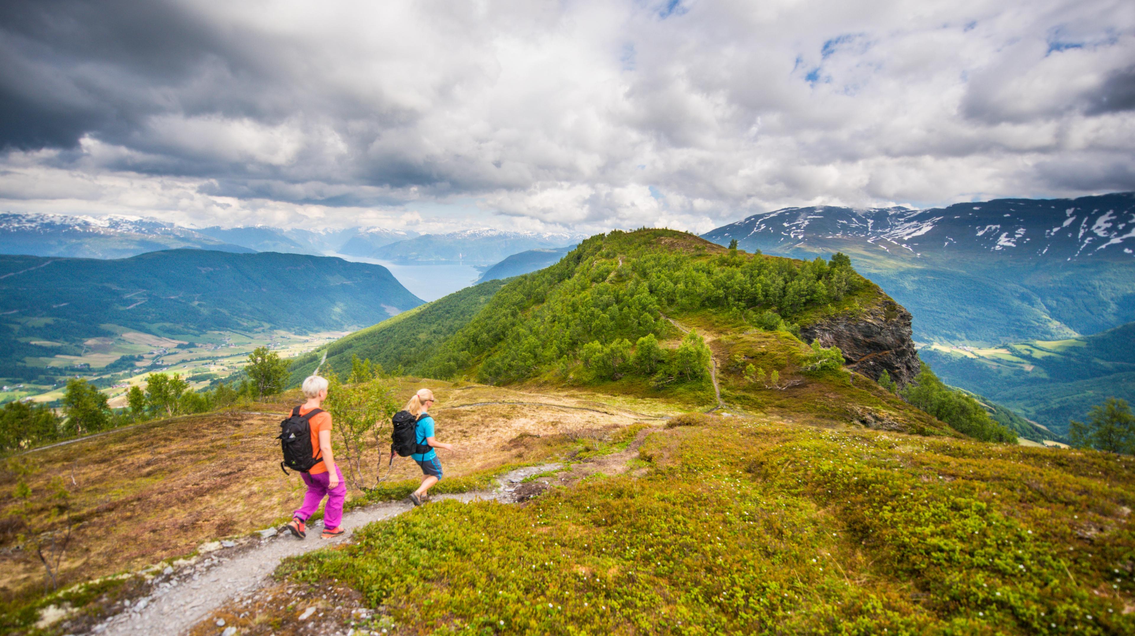 To kvinner i turklær og ryggsekk går på en høyfjellssti om sommeren.