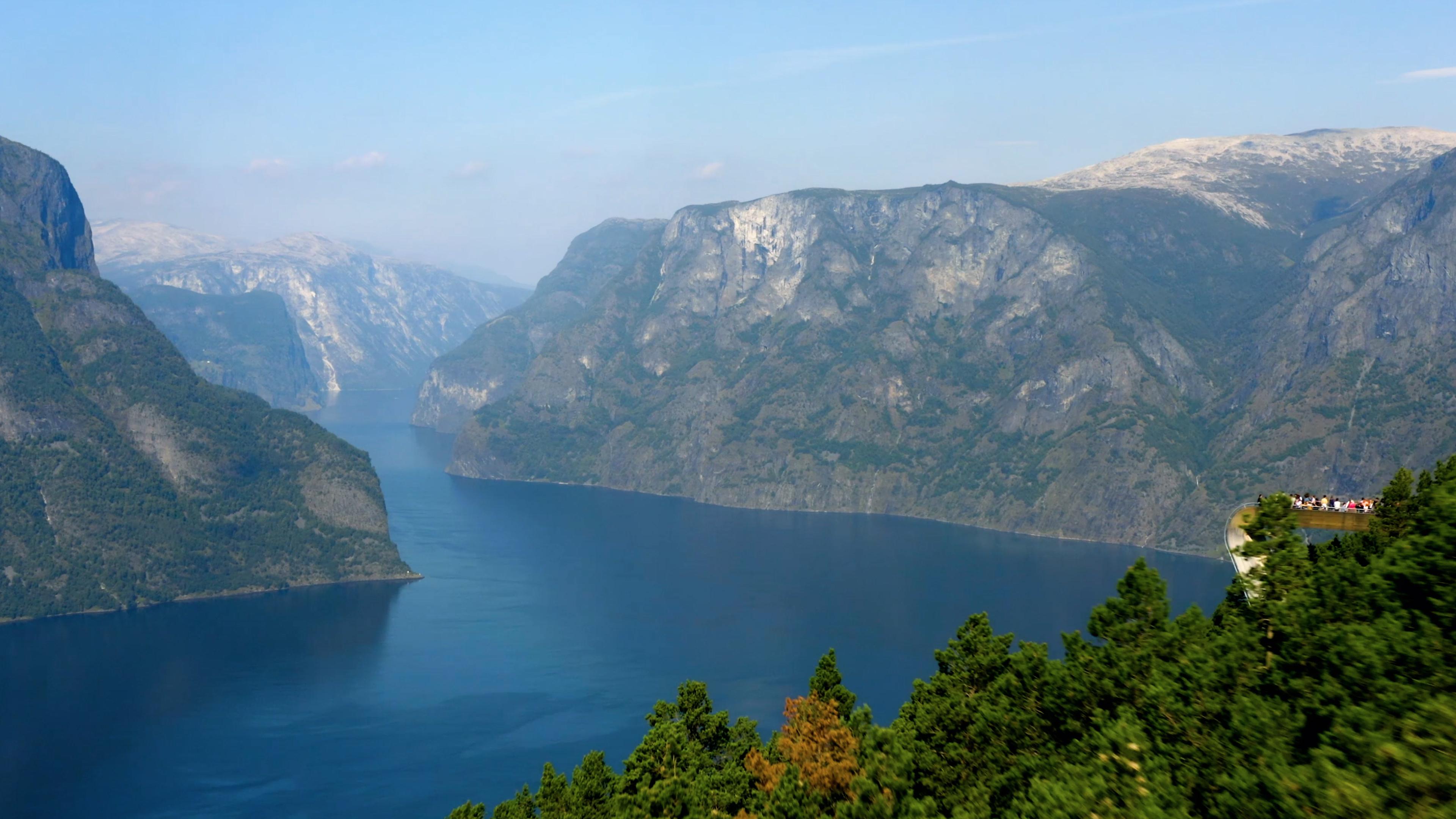 Drone photo of Stegastein Viewpoint and the Aurlandsfjord in the summer.