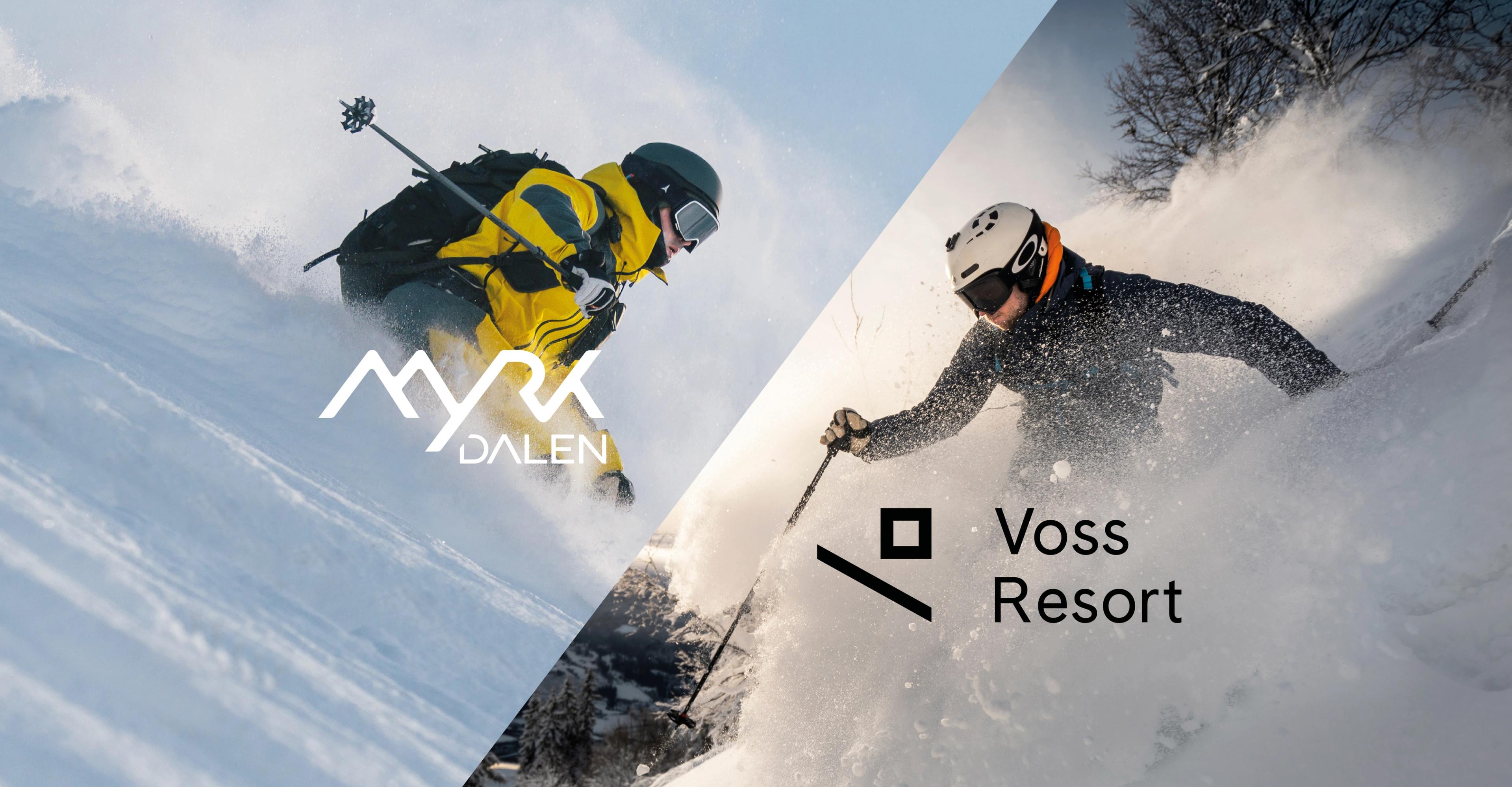 Sammensatt bilete av ein skikøyrer i Voss Resort og ein i Myrkdalen med logoar.