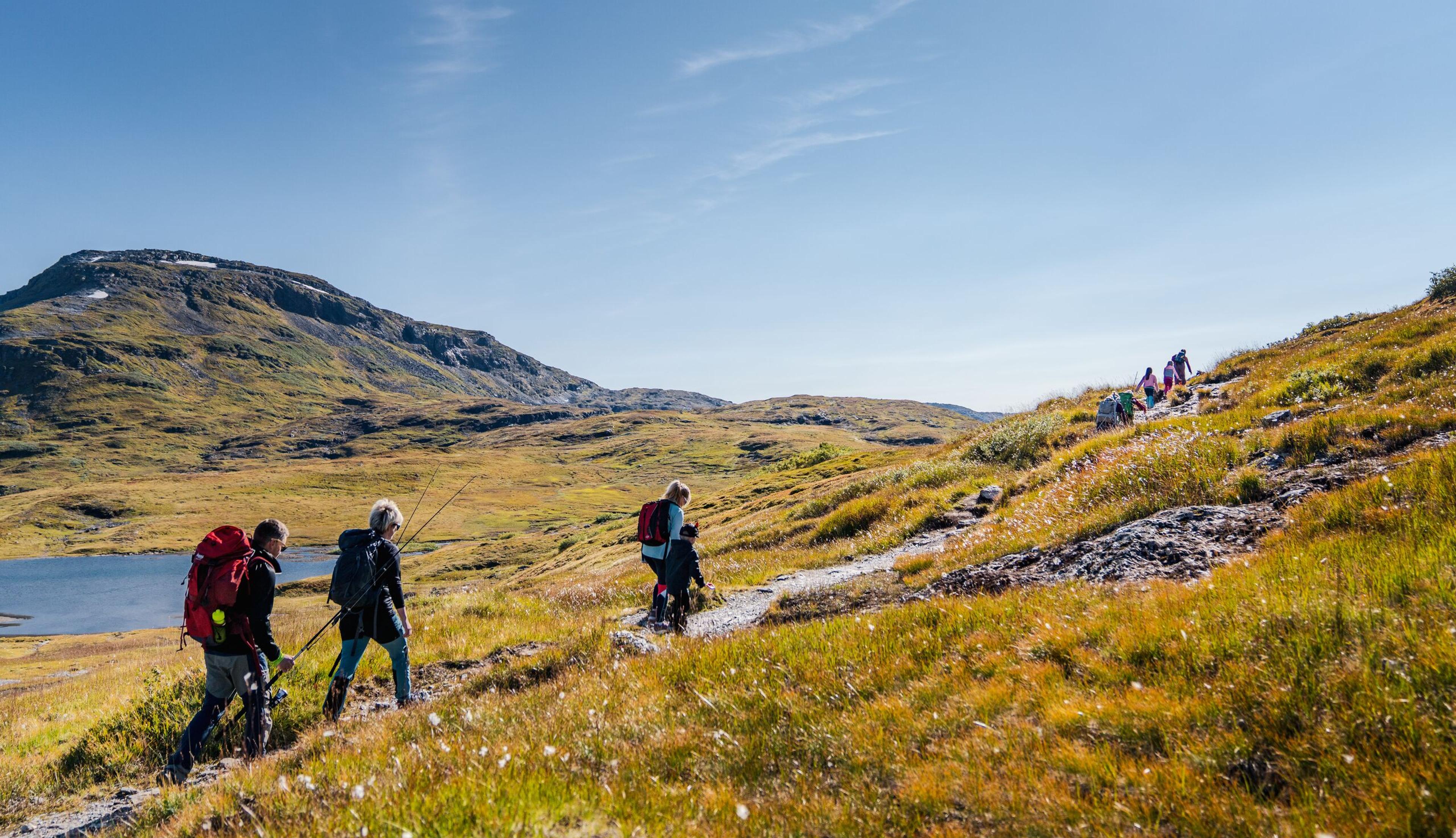 En kvinne og to barn går i grønt gress under stolheisen i Myrkdalen en fin sommerdag. Myrkdalen Hotel og leilighetsbygg sett foran Svolefjellet.