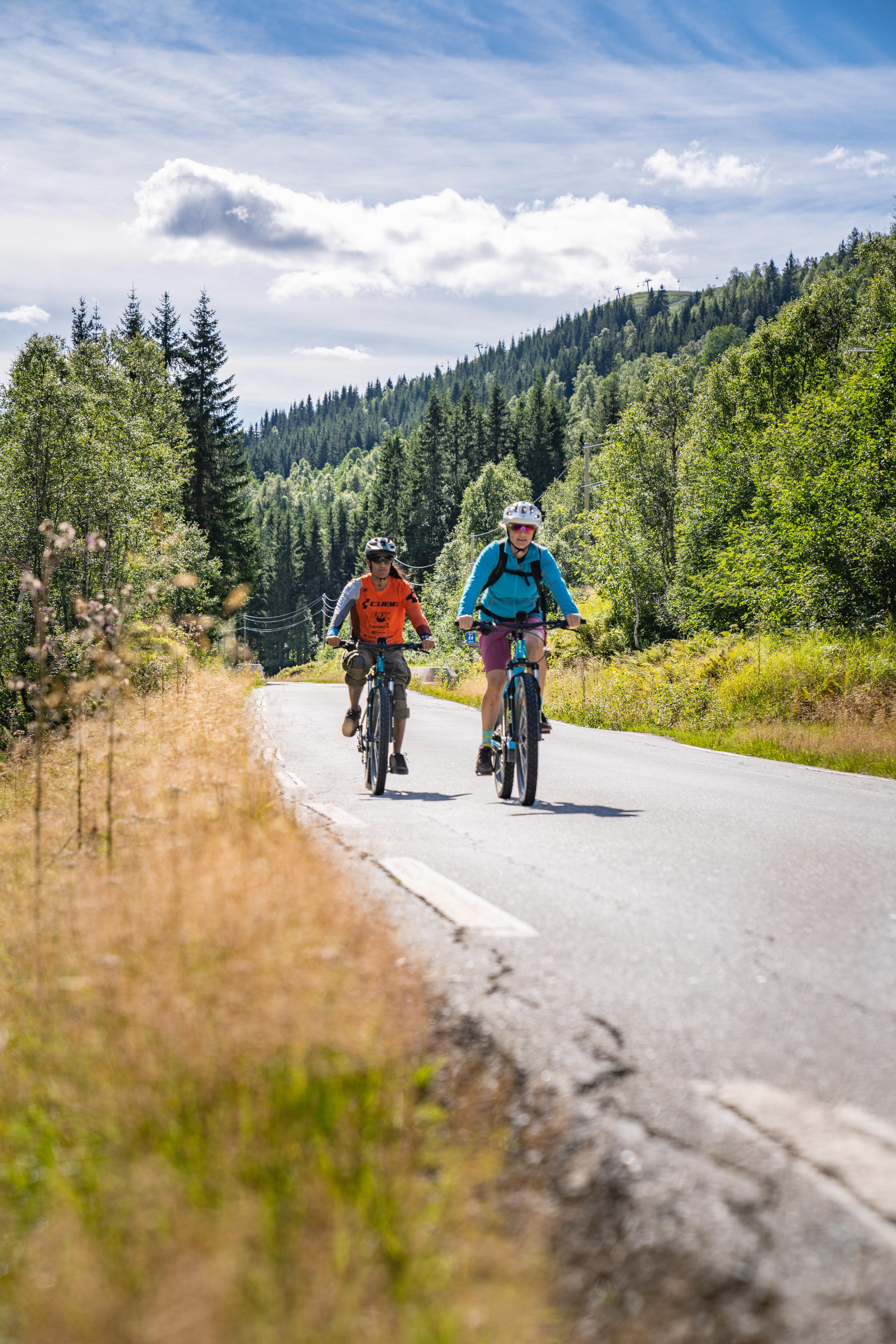 Two cyclists on a ride on a good weather day.