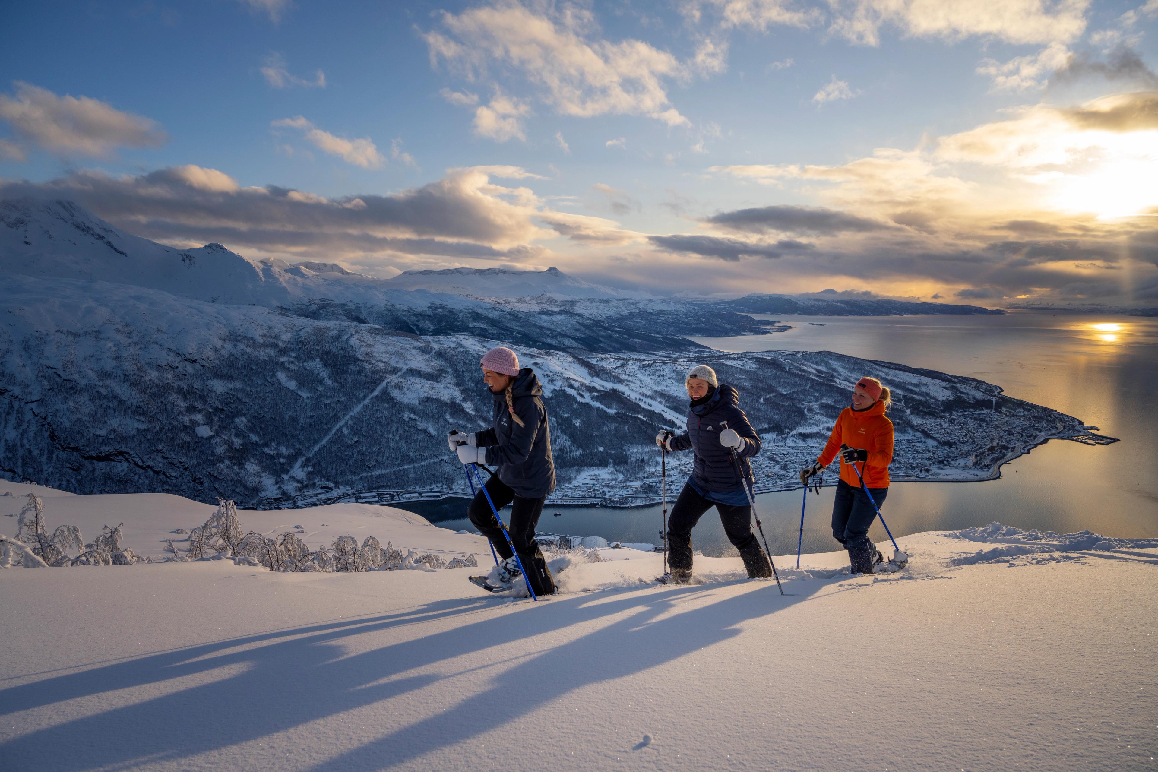 Three people on a snowshoe hike overlooking snow-covered mountains and the fjord in the evening sun.