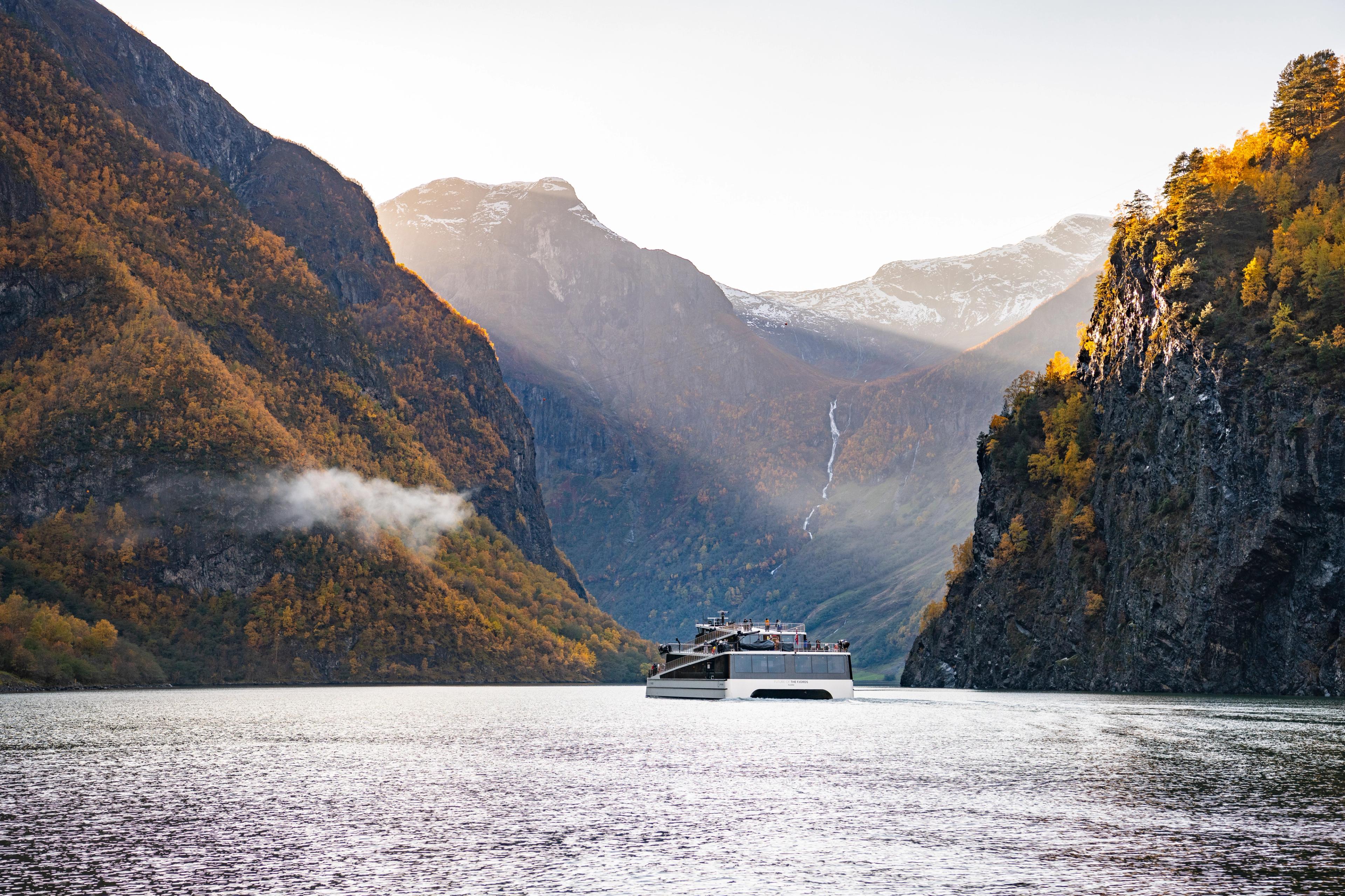  En katamaran som seiler i Nærøyfjorden omgitt av høstfargede fjellsider.