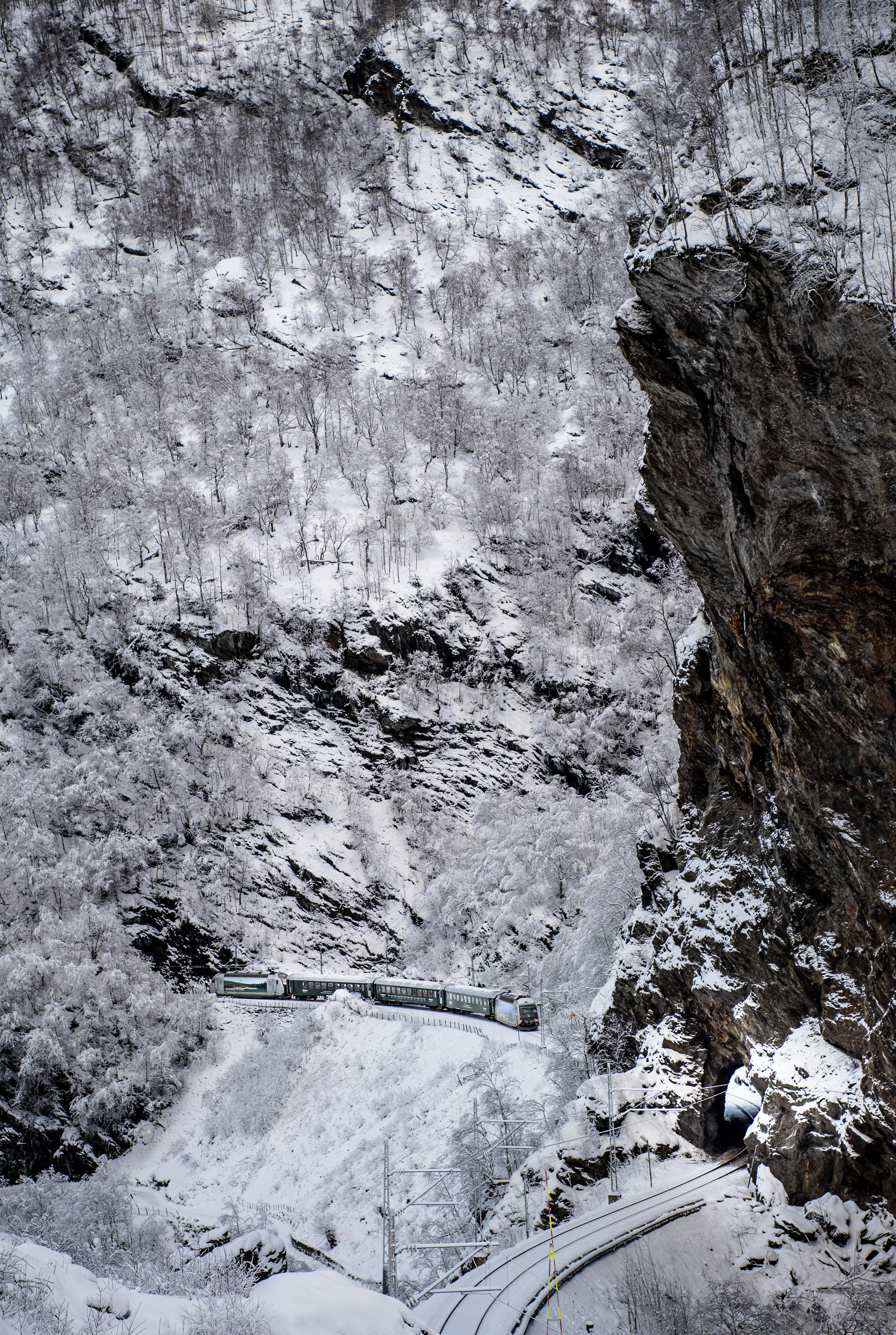 Toget kjører mellom bratte, snødekte fjell.
