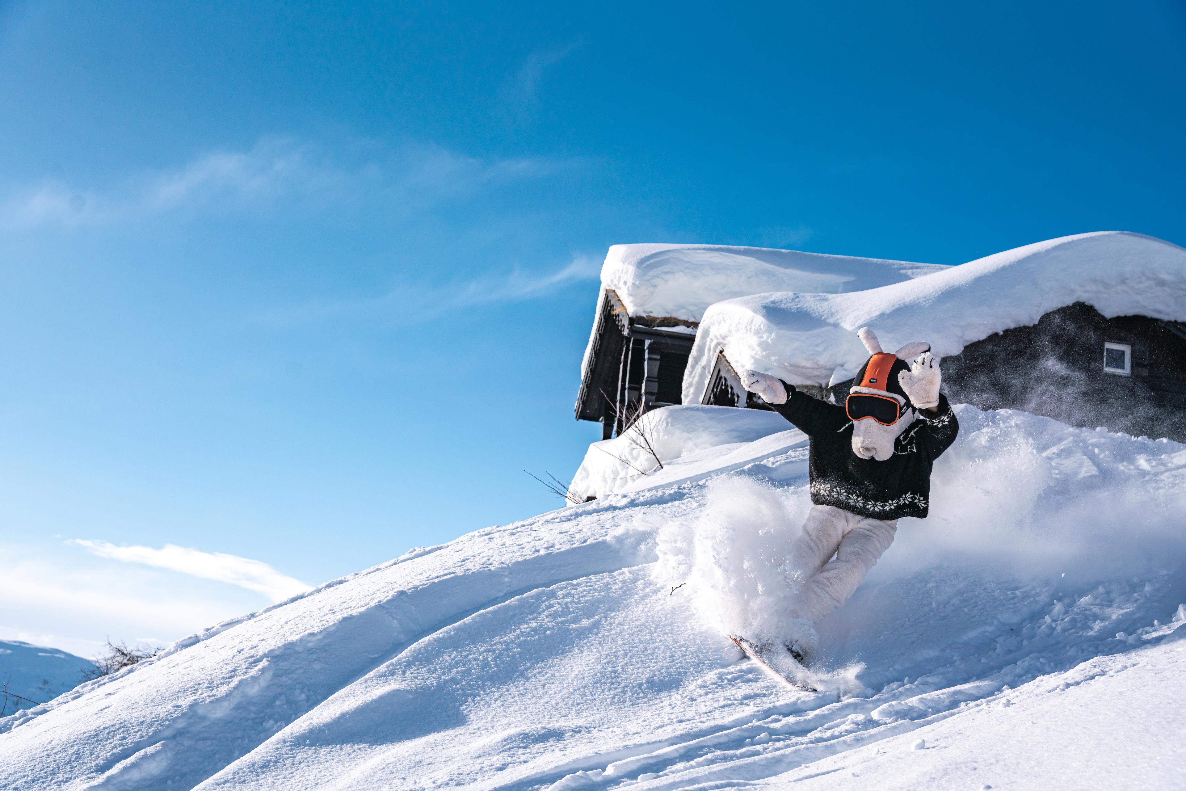 Slalåmkjører i harekostyme viser skiferdighetene ned bakken i puddersnø og solskinn.