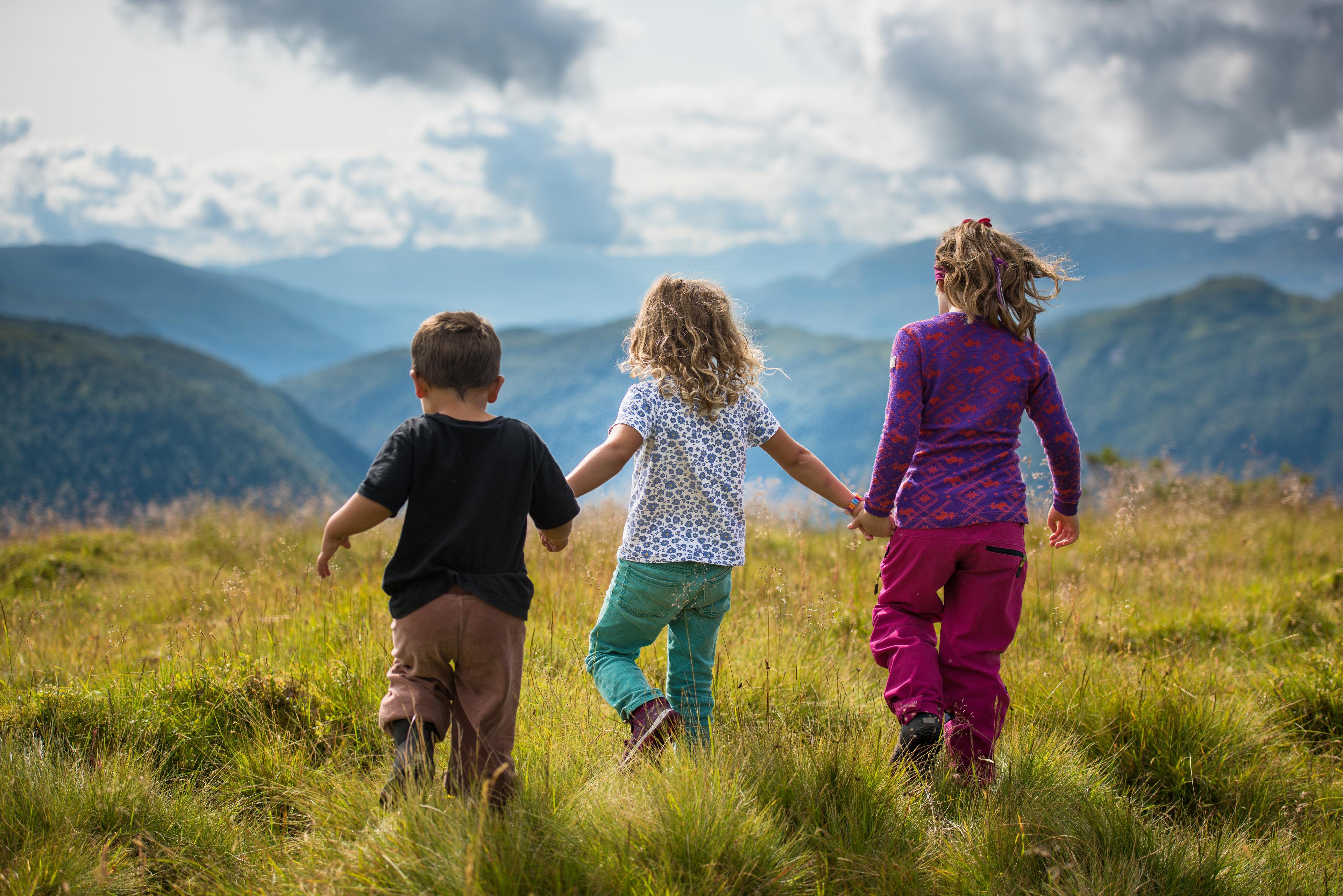 Three children walk hand in hand across a grassy field with a view of the mountains in the background on a summer's day.
