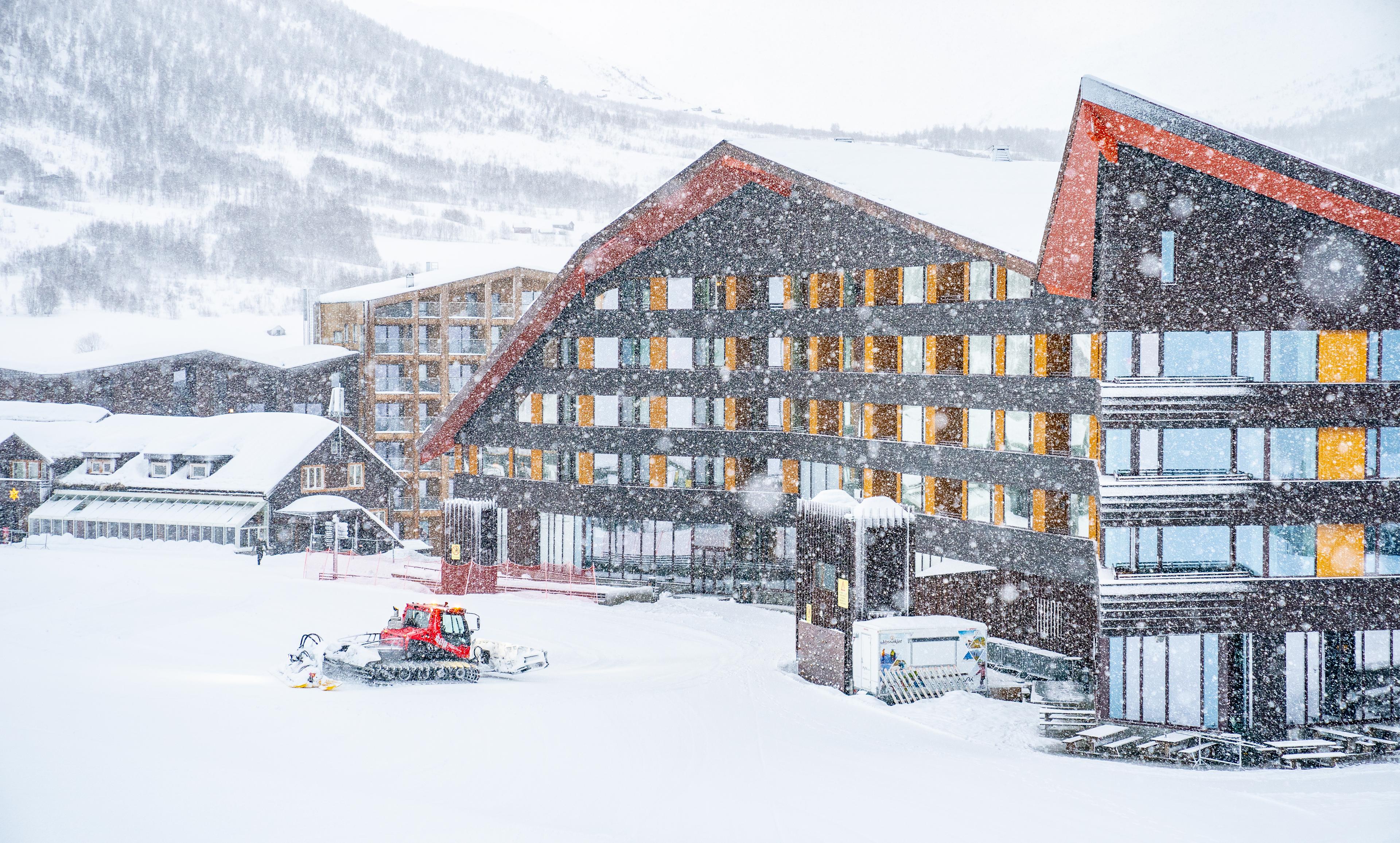 The snow is falling over Myrkdalen Hotel