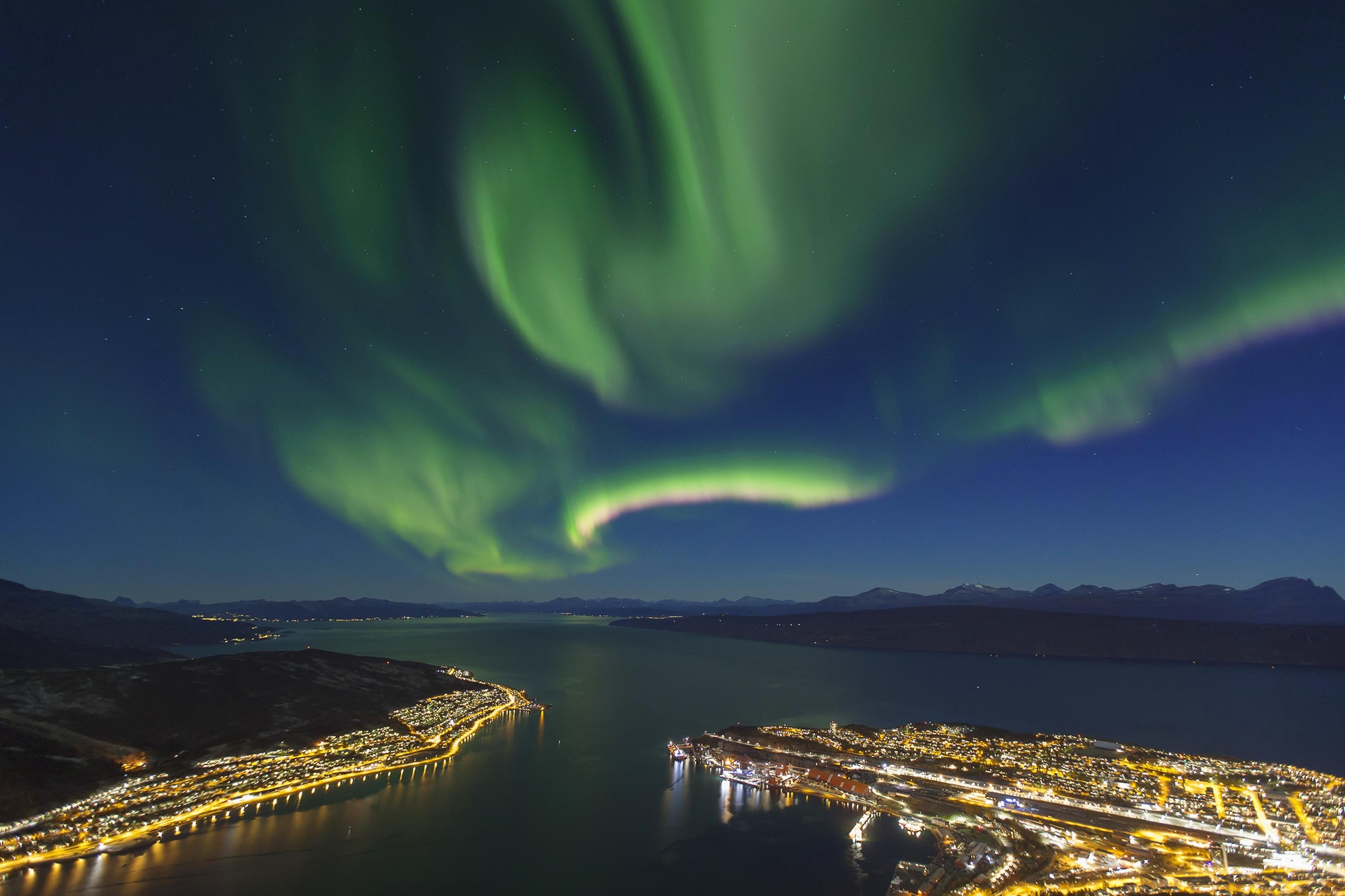 Aurora over Narvik and the fjord.