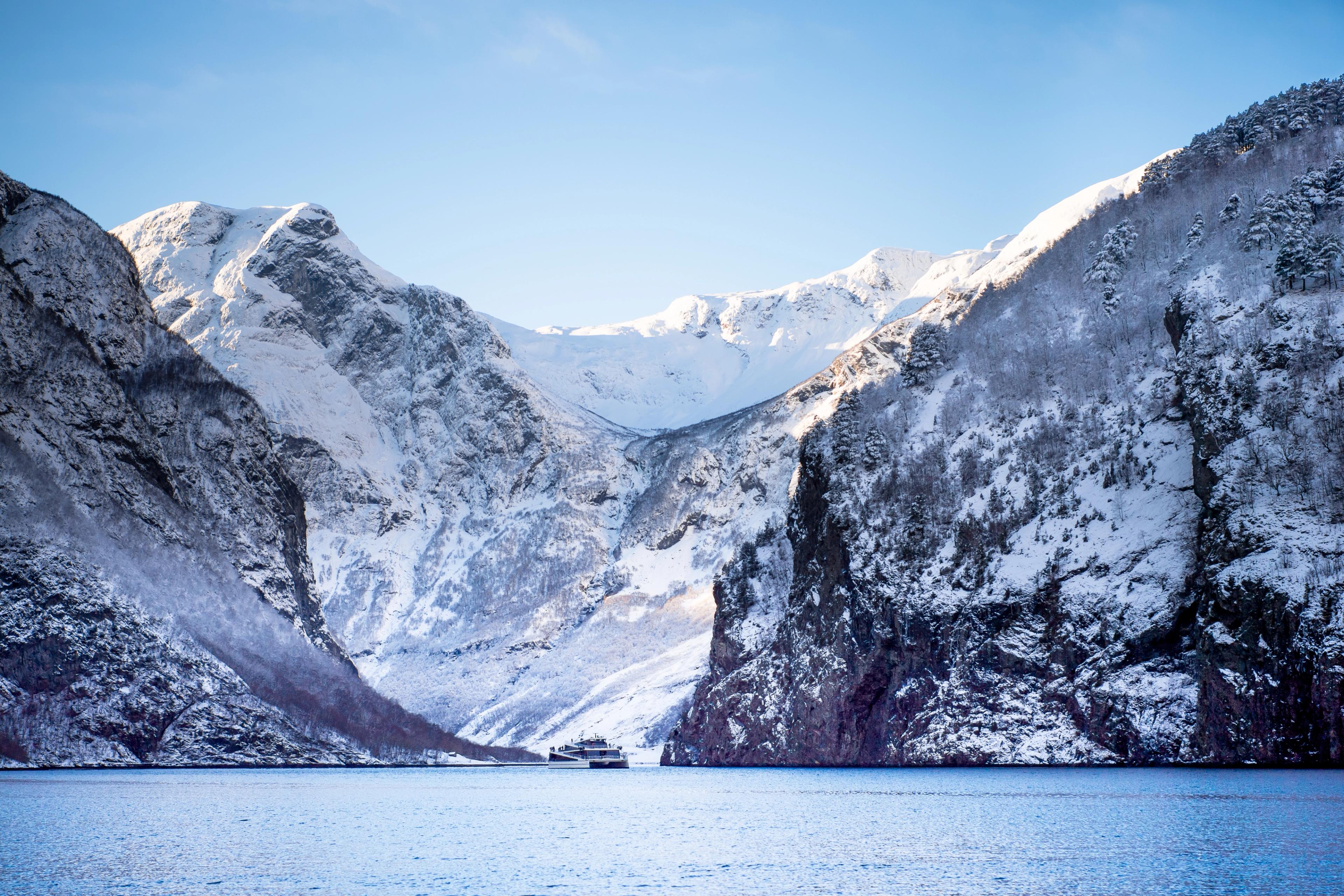 Fjords in mountains in wintertime