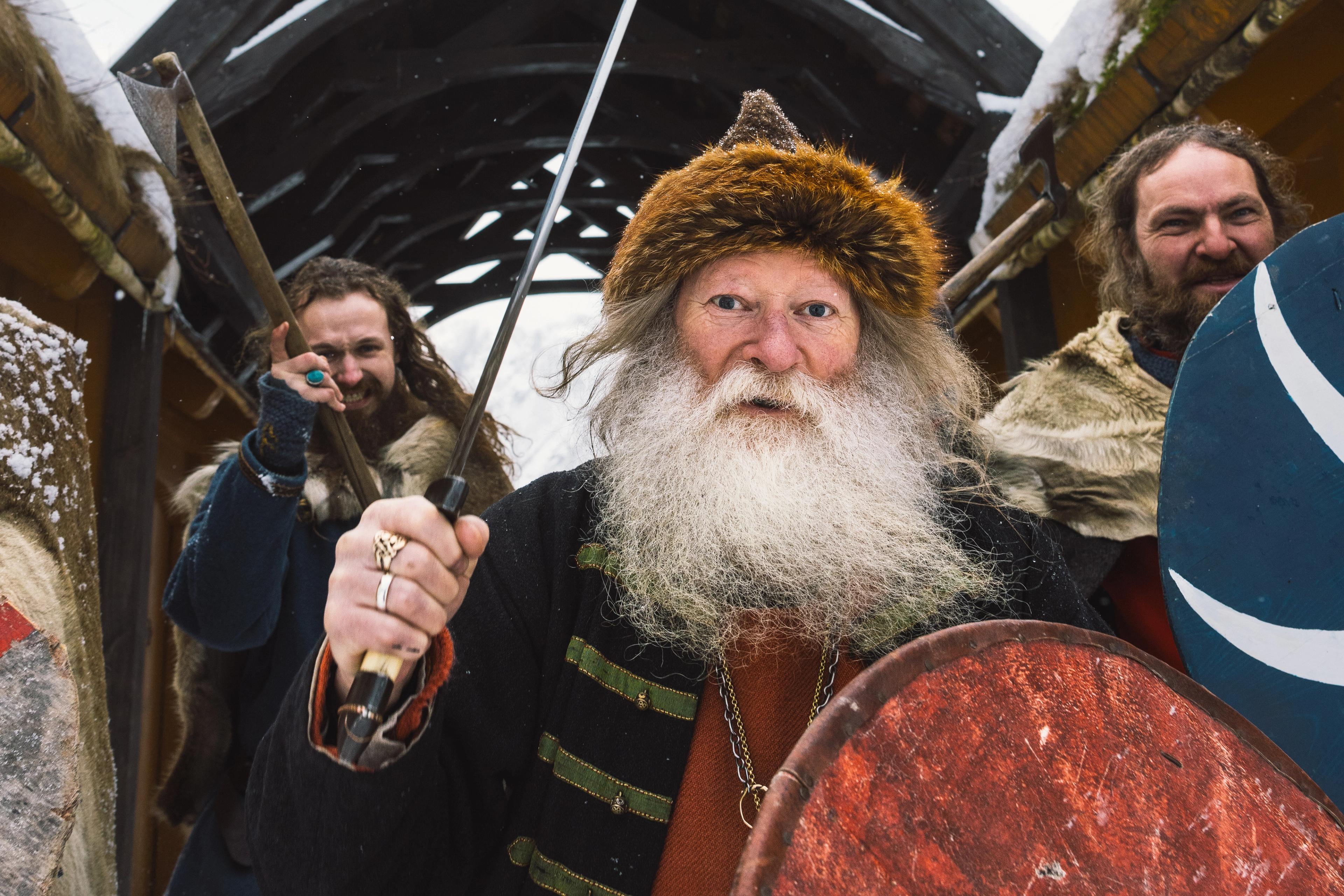 Vikinger med sverd og skjold