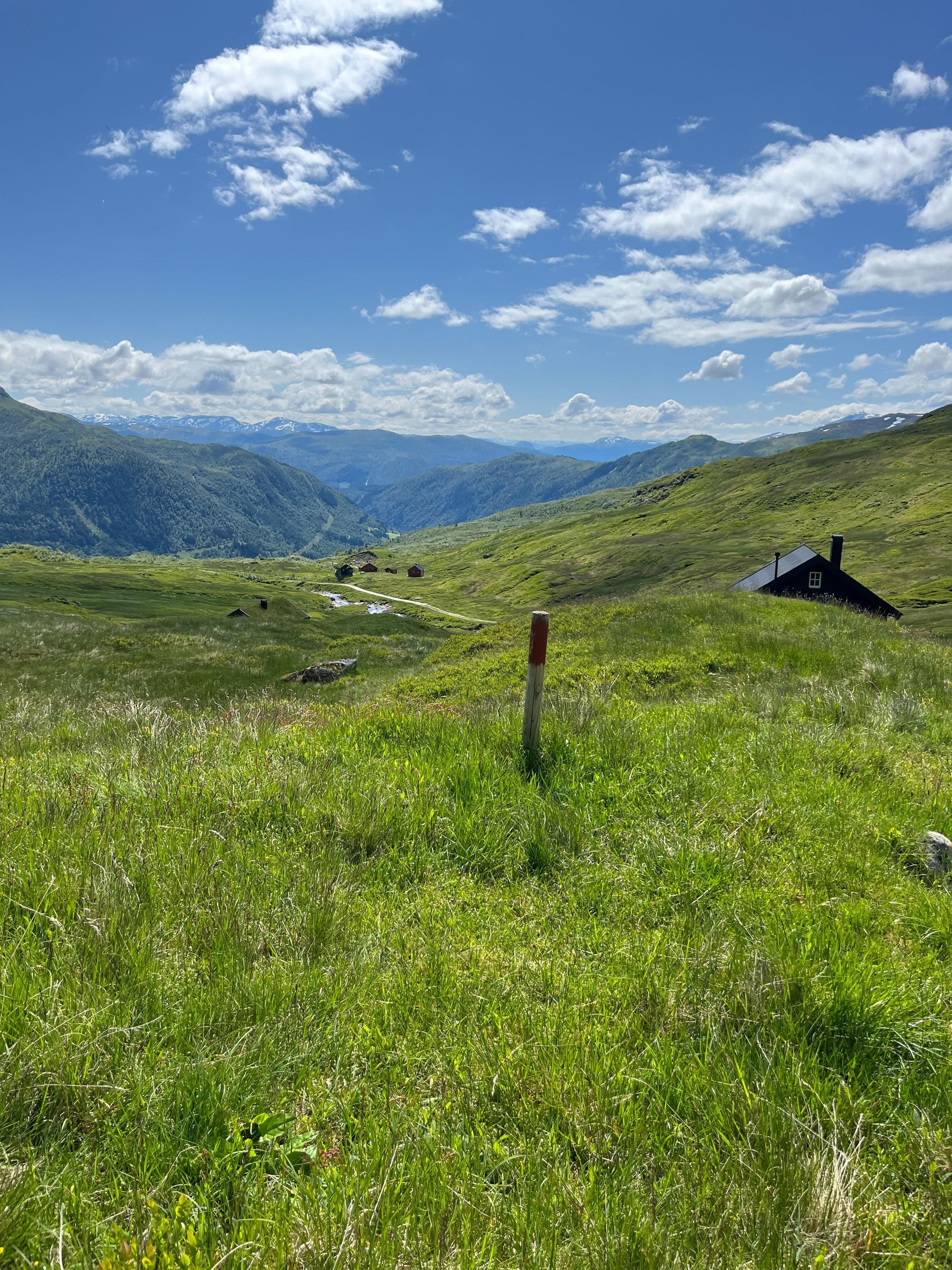 Elongated view of the mountain home and some cabins in the summer.