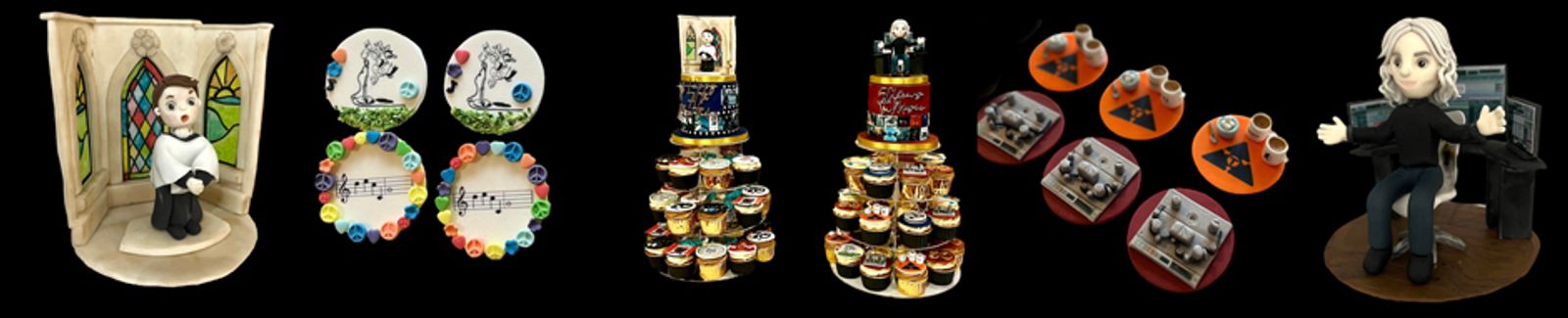 Bespoke cakes and cupcakes made for Stephen W Tayler’s seventieth birthday, with decorations representing different periods of his life and fifty-year career in music, including Trident Studios and his first day there making tea during a Queen recording session.
