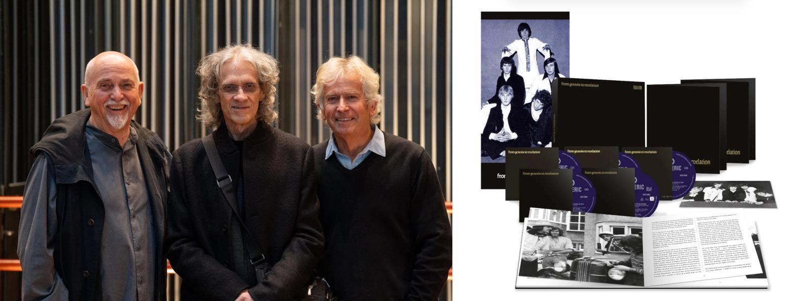 Peter Gabriel, Stephen W Tayler and Tony Banks alongside the From Genesis to Revelation box set