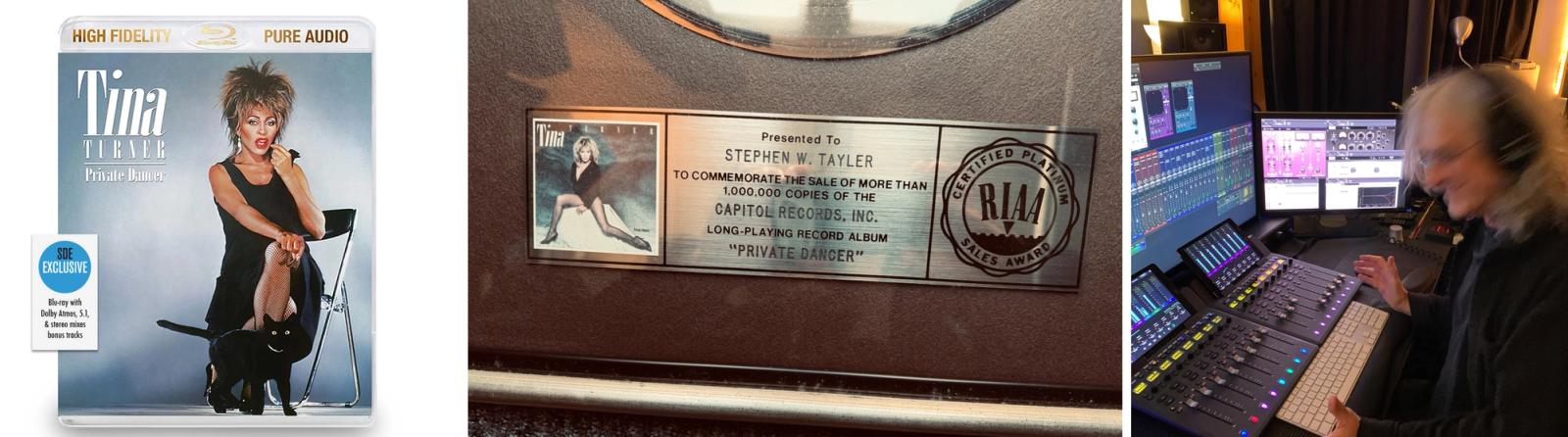 Tina Turner Private Dancer Blu-ray, Stephen W Tayler’s RIAA Platinum award for the album, and Stephen mixing in the studio.