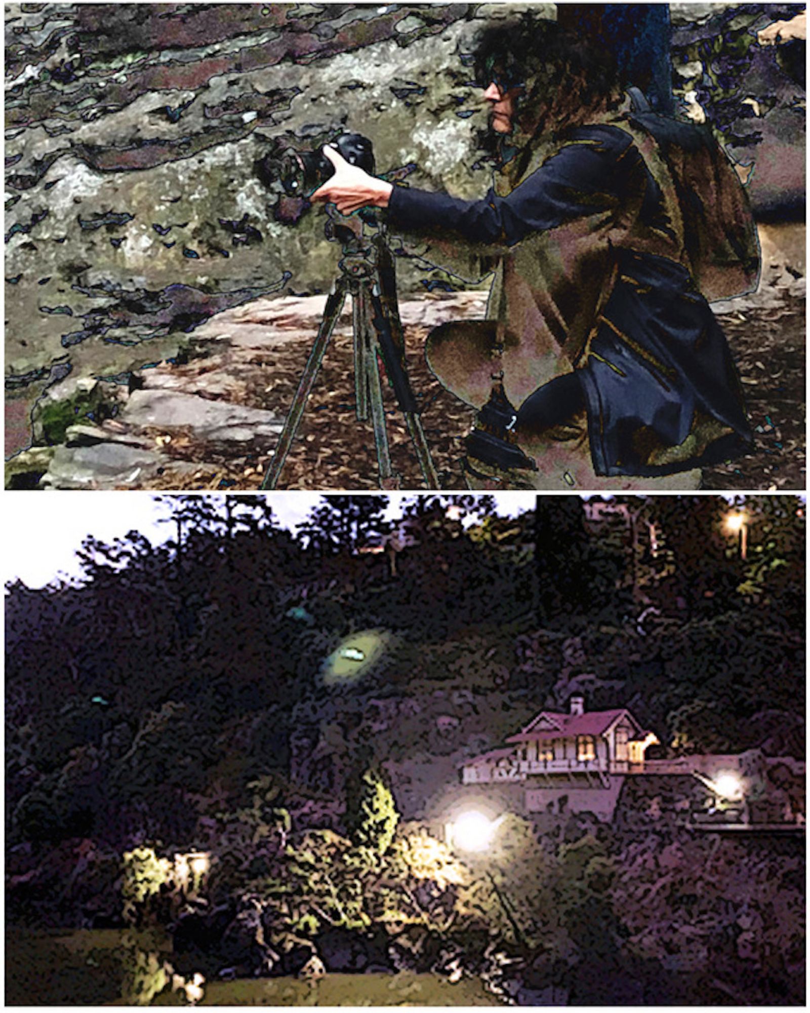 The artist Sadia Sadia filming in takayna/Tarkine, Tasmania, during her 2020 QVMAG and City of Launceston artist residency, with a night view of Cataract Gorge.