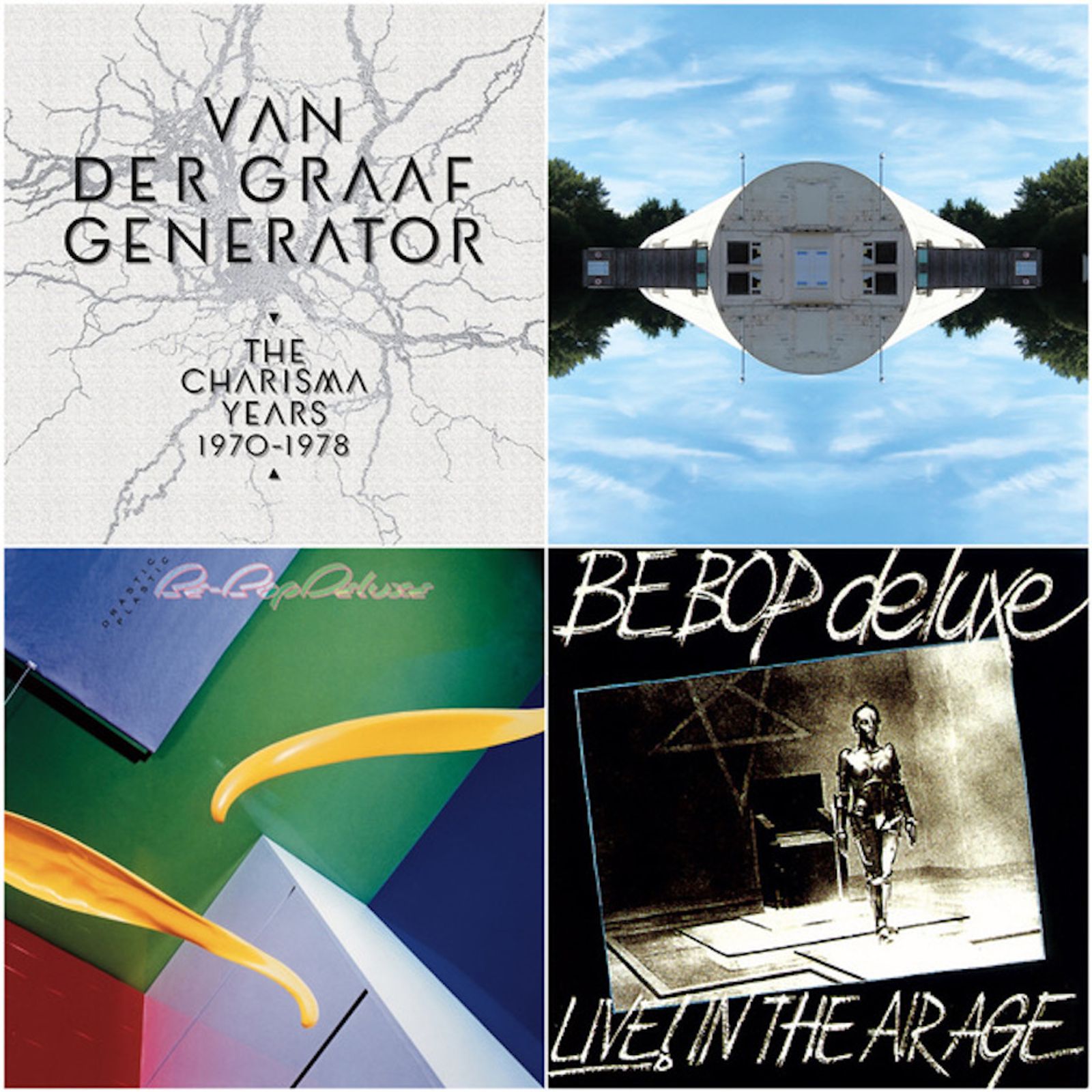 Album and box-set artwork for Van der Graaf Generator’s The Charisma Years 1970–1978, Be-Bop Deluxe’s Drastic Plastic and Live! In the Air Age, and Stephen W Tayler’s Da Capo, featuring work by Stephen W Tayler, 2021.