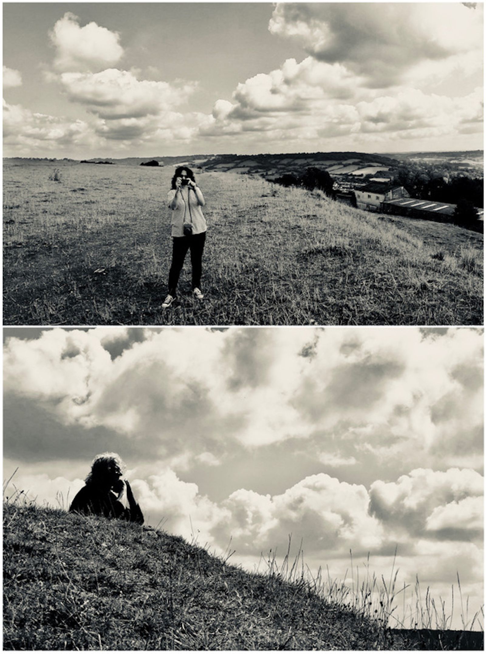 The artist Sadia Sadia photographing the landscape and sky at Solsbury Hill, Wiltshire, 2 August 2019. With Stephen W Tayler.