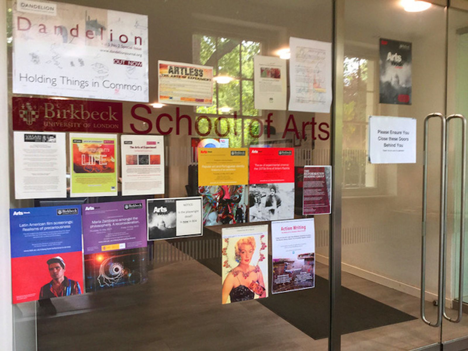 Entrance to the School of Arts at Birkbeck, University of London, during the 2015 Arts Symposium at which Sadia Sadia was a guest speaker.