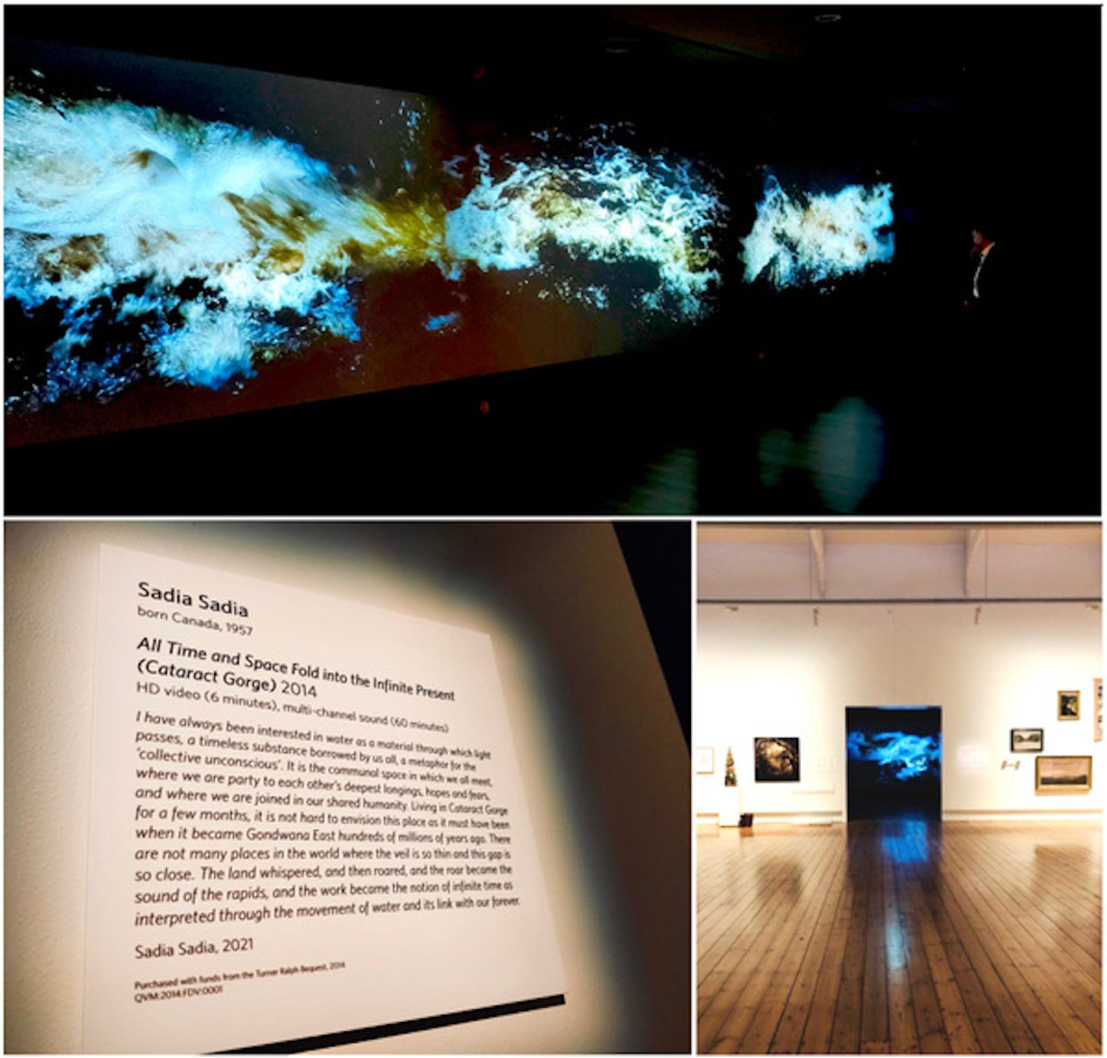 Installation views of the artist Sadia Sadia’s All Time and Space Fold into the Infinite Present (Cataract Gorge) in Gallery Eight at QVMAG, Royal Park, Tasmania, 2021.
