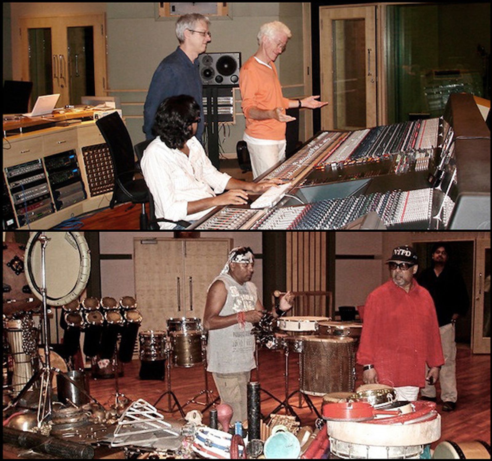Stephen W Tayler recording musicians at Yash Raj Film Studios, Mumbai, with producer Rupert Hine, 2007.