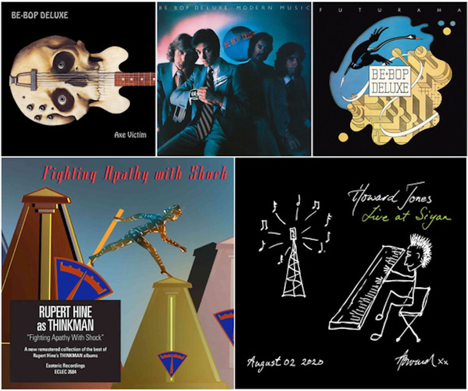 Album artwork for Be-Bop Deluxe’s Axe Victim, Modern Music and Futurama, Rupert Hine’s Fighting Apathy with Shock, and Howard Jones’s Live at Siyan, featuring work by Stephen W Tayler, 2019–2020.
