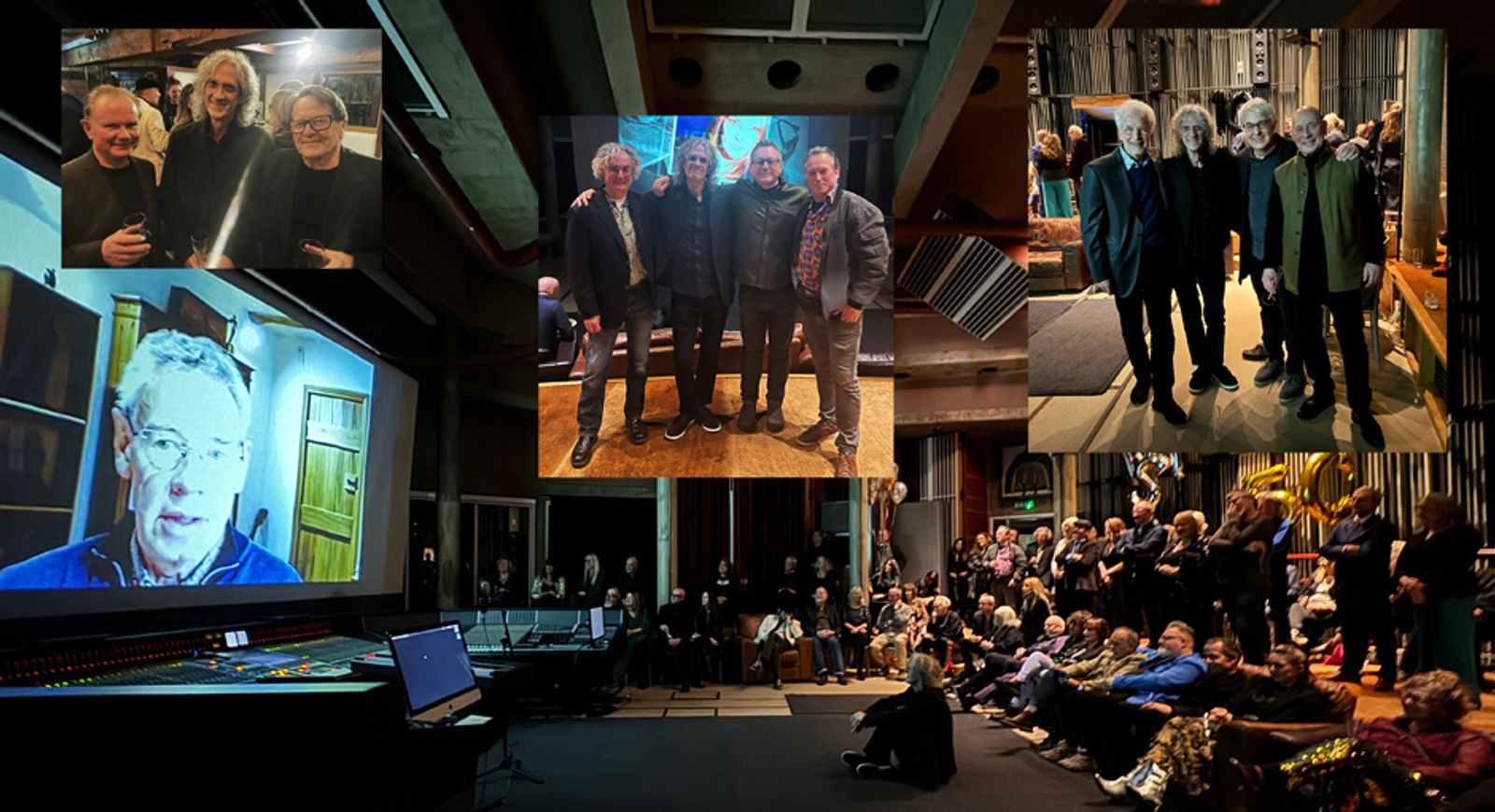 Photographs from Stephen W Tayler’s seventieth-birthday celebration at Real World Studios in December 2023, marking fifty years in the music business, with guests gathered for the celebration.