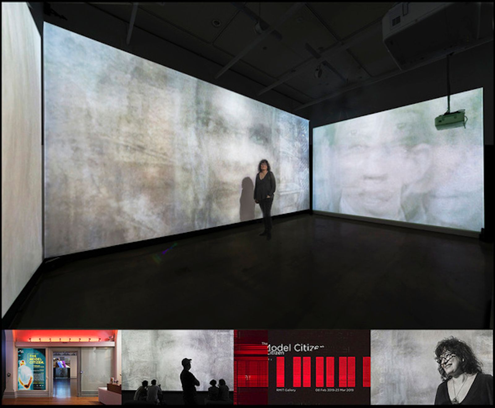 Composite image of the artist Sadia Sadia and installation views of Ghosts of Noise in The Model Citizen at RMIT Gallery, Melbourne, 2019.