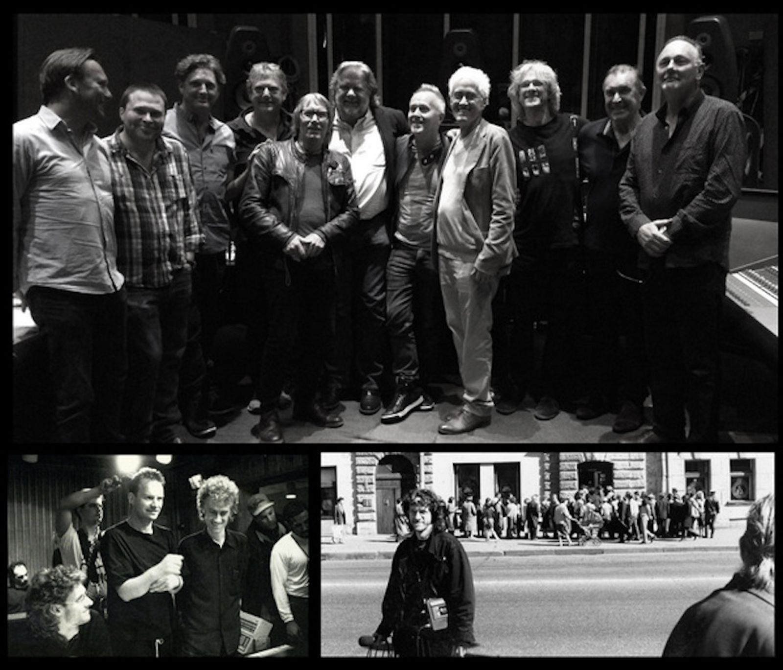 Rupert Hine, Stephen W Tayler and participants at the 25th anniversary celebration of One World One Voice in the Big Room at Real World Studios, Wiltshire, 22 May 2015.