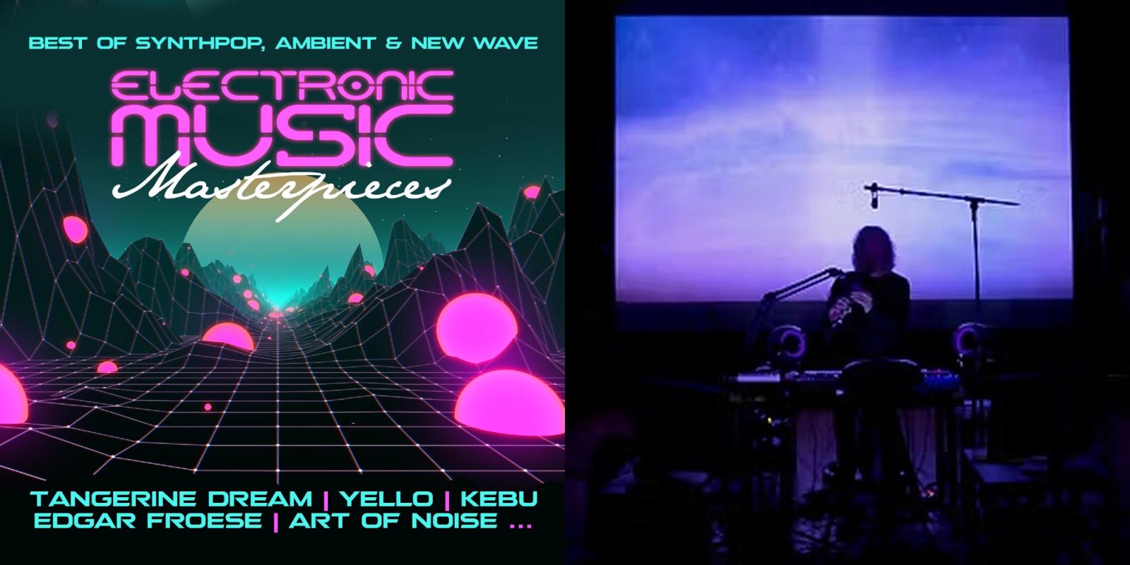 Cover of Electronic Music Masterpieces (2019) alongside Stephen W Tayler performing Ostinato LIVE at the Pound Arts Centre, Corsham, Wiltshire, 2017.