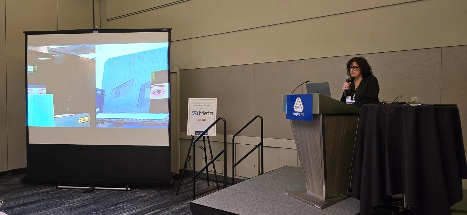 The artist Sadia Sadia presenting Transcending the Everyday: The Holistic and Multisensory Essence of Aesthetic Experiences at HVEI, Electronic Imaging 2025, Burlingame, California.