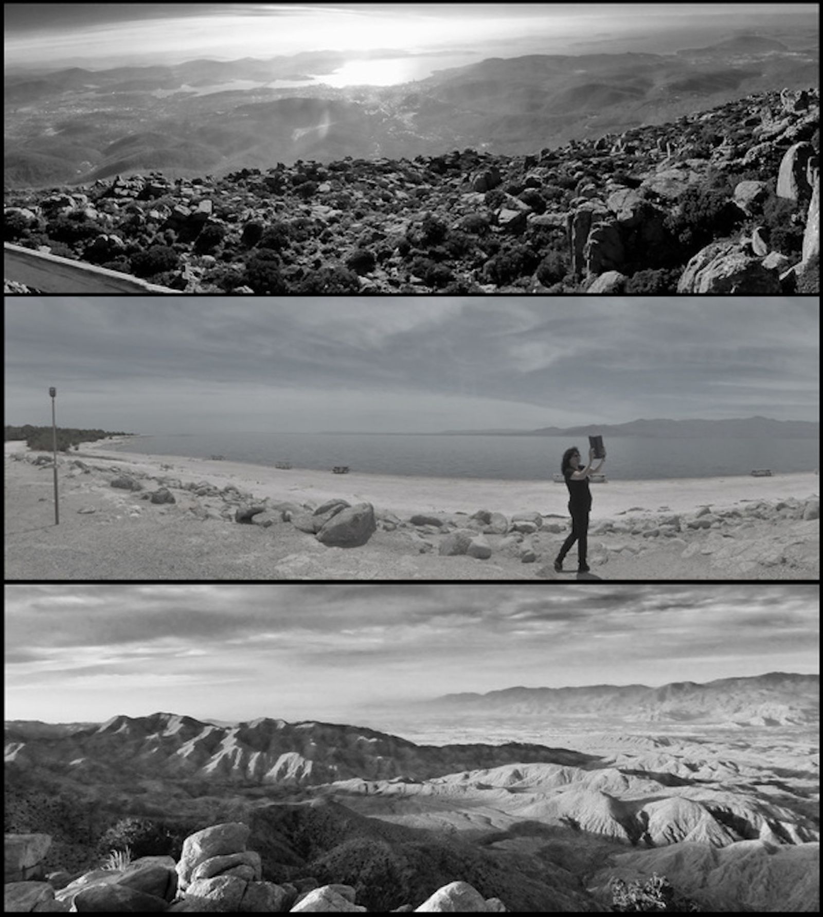 Location photographs by Sadia Sadia, 2017: kunanyi/Mount Wellington, Tasmania; the Salton Sea in Coachella Valley, California; and Joshua Tree National Park, California.